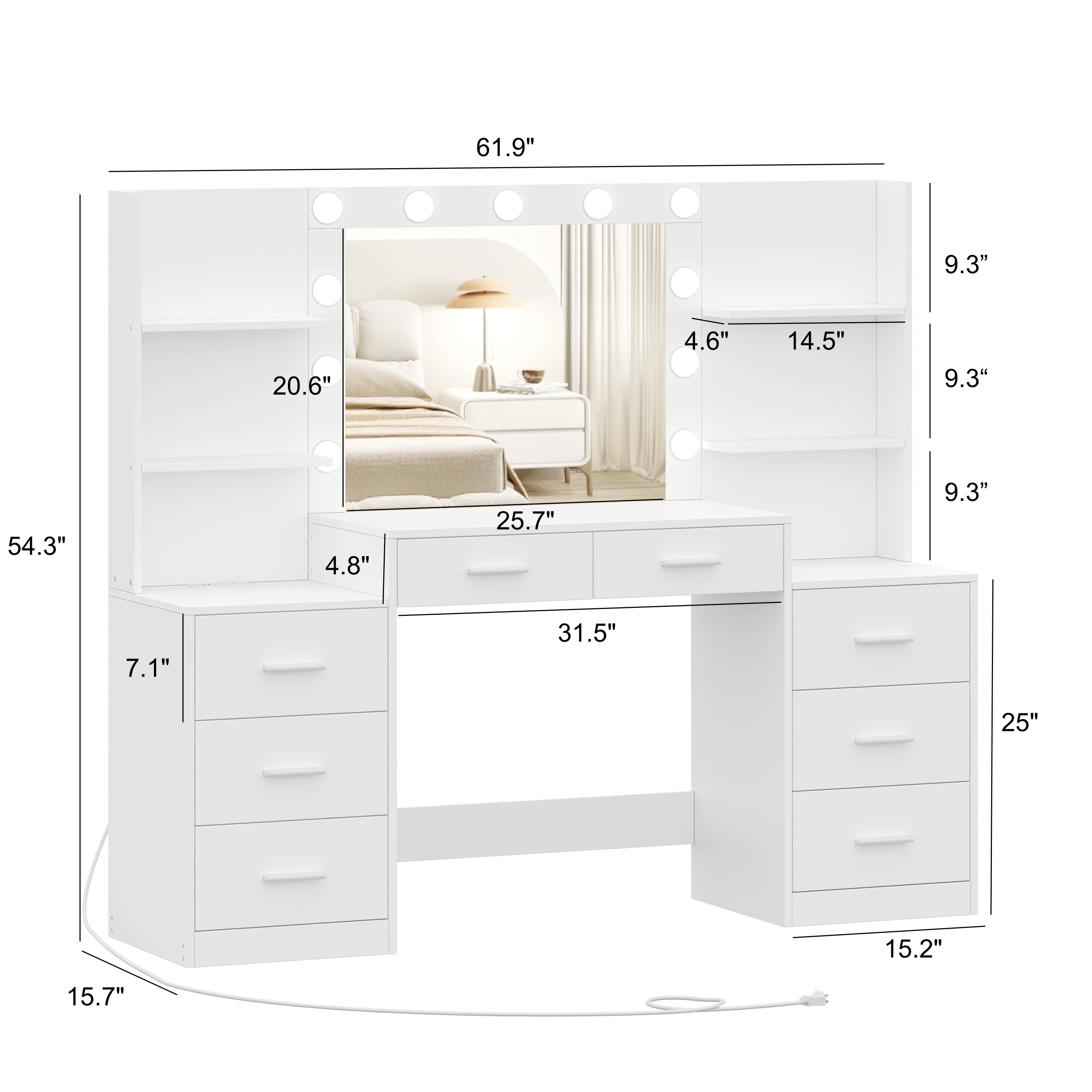 Vanity Desk with Mirror and 3-Mode Lights, Makeup Vanity with 8 Drawer for Women, Girls