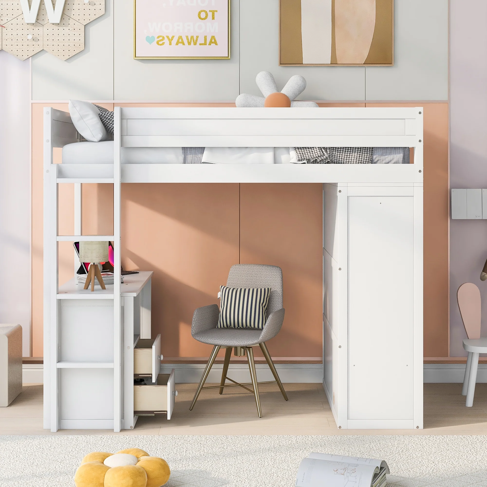 Twin Wood Loft Bed with Wardrobes and 2-Drawer Desk with Cabinet, Loft Twin Bed with Desk for Teenagers, Multiple Functions Bed, Easy to Assemble (White)