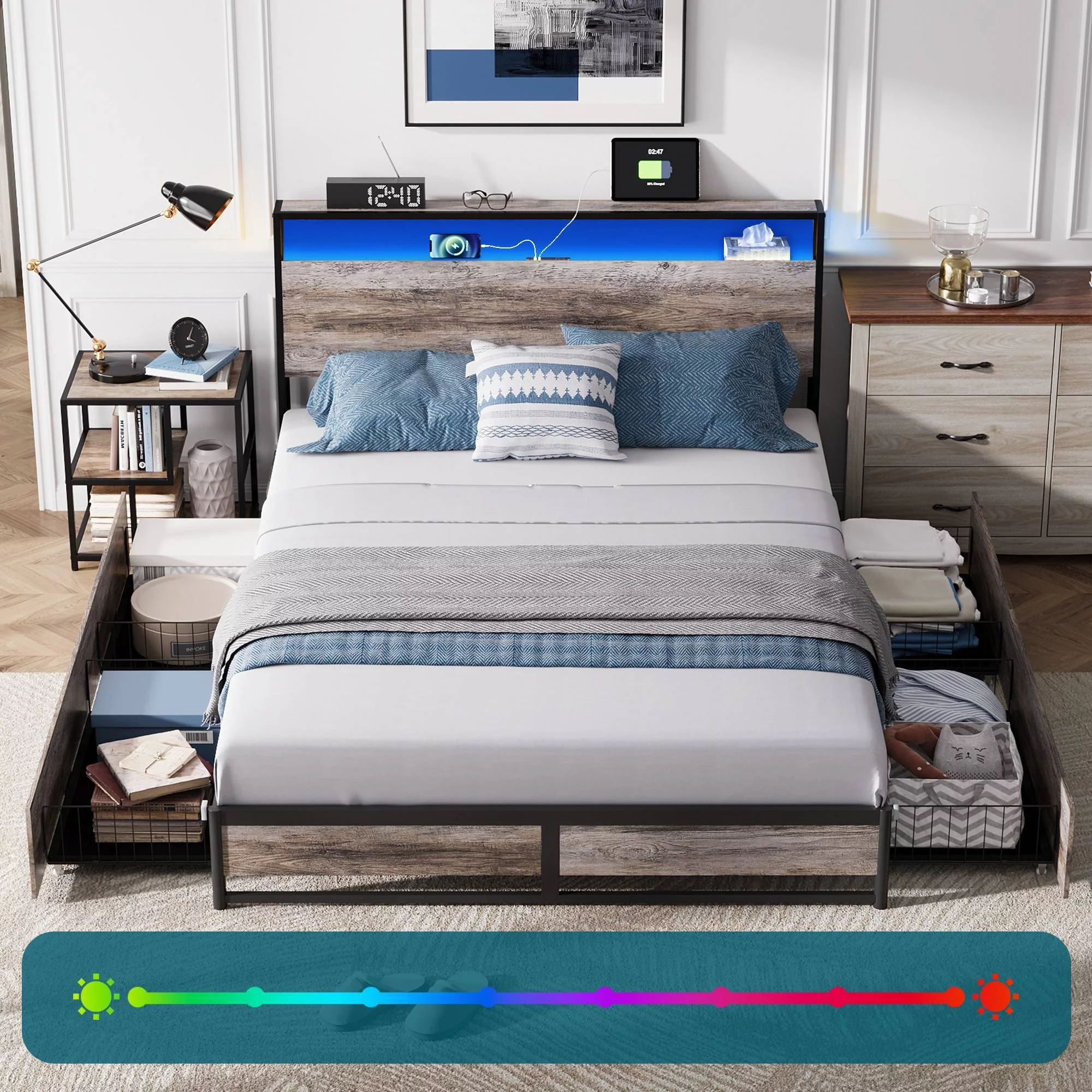 Linsy Home Queen Size Platform Bed Frame with Storage Headboard and 4 Storage Drawers, No Box Spring Needed, Light Grey