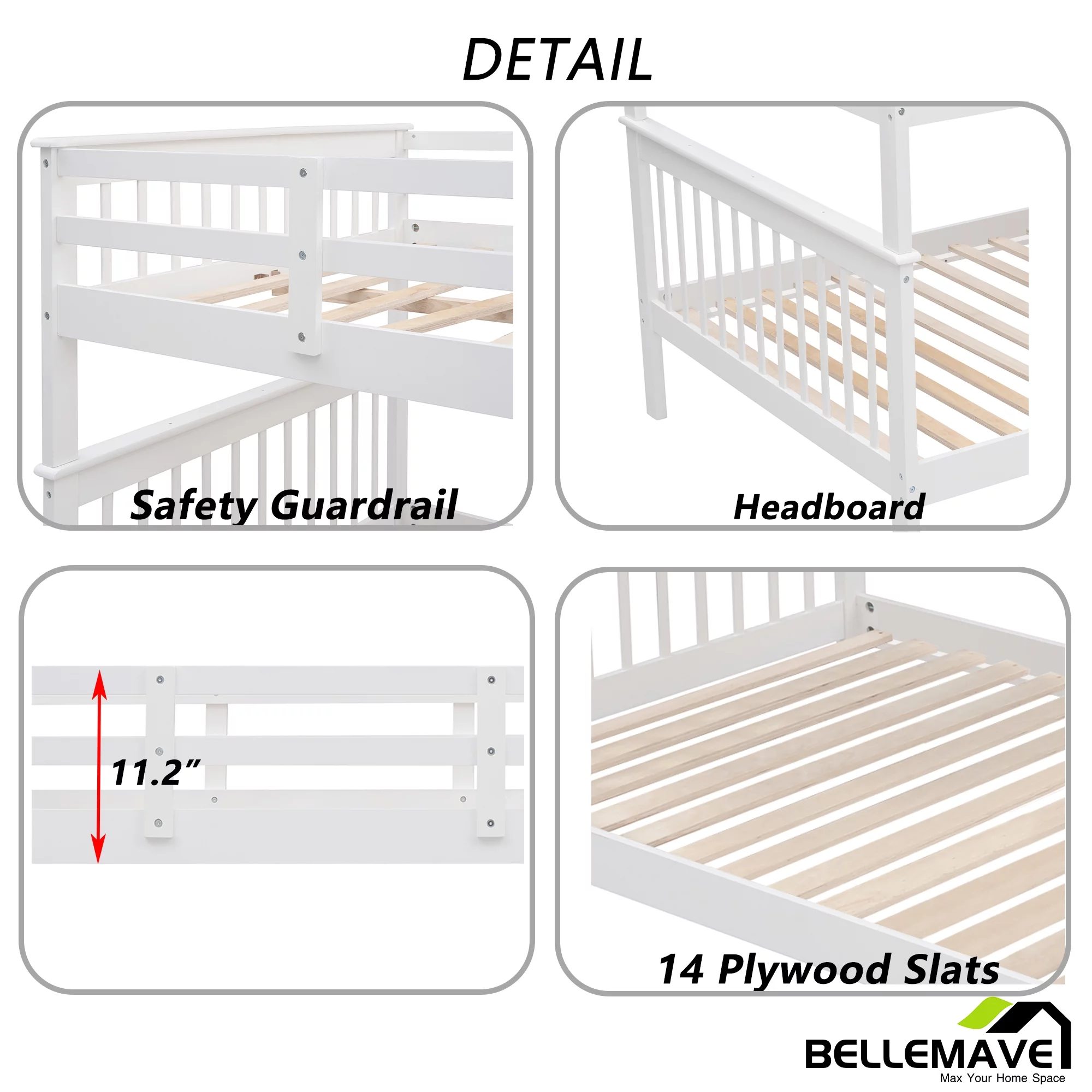 BELLEMAVE Full over Full Bunk Beds for Kids, Kids Bunk Beds with Storage Stairs and Full-Length Guardrail, Convertible Into 2 Bed, No Box Spring Needed(White)