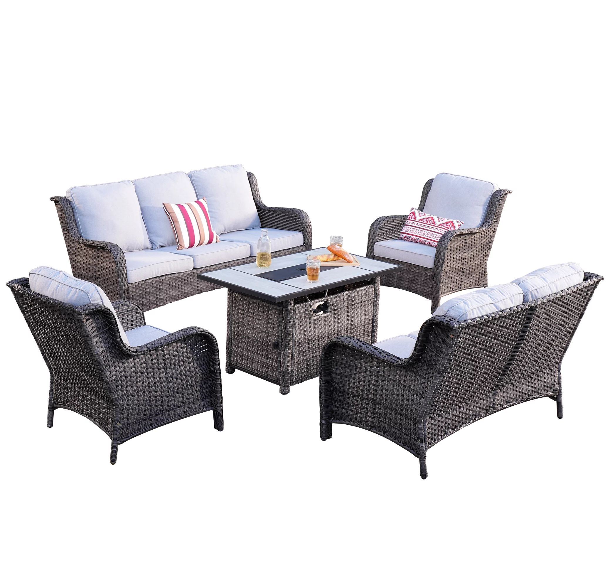 Ovios 5 Pieces Outdoor Patio Furniture with Rectangle Fire Pit Table Wicker Patio Sectional Sofa with Loveseat for Backyard