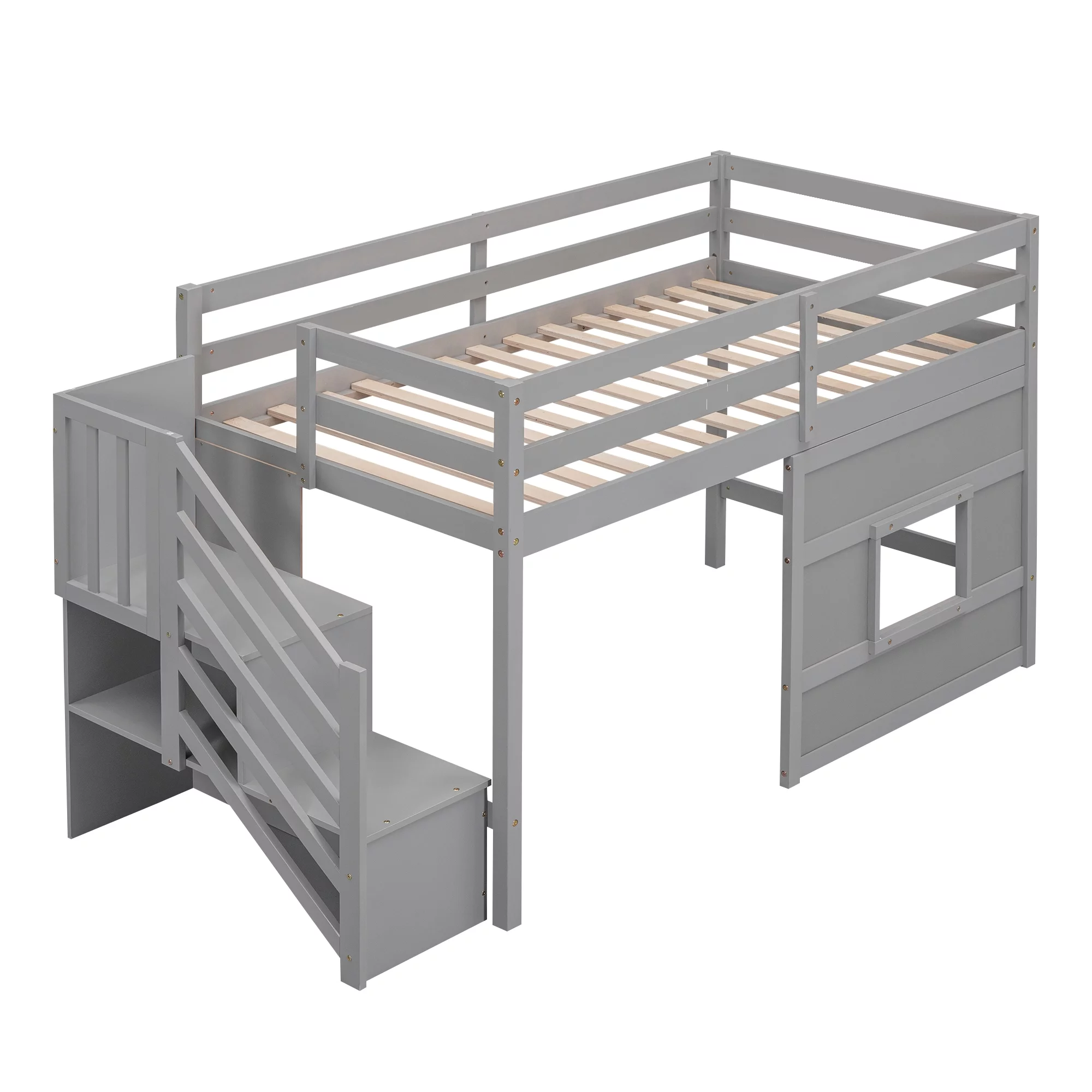 Bellemave Twin over Twin Size Loft bed with Underneath House & Strong Storage Staircases ,Solid Wood Twin Loft Bed with Full-Lengths Guardrails for Kids,Gray