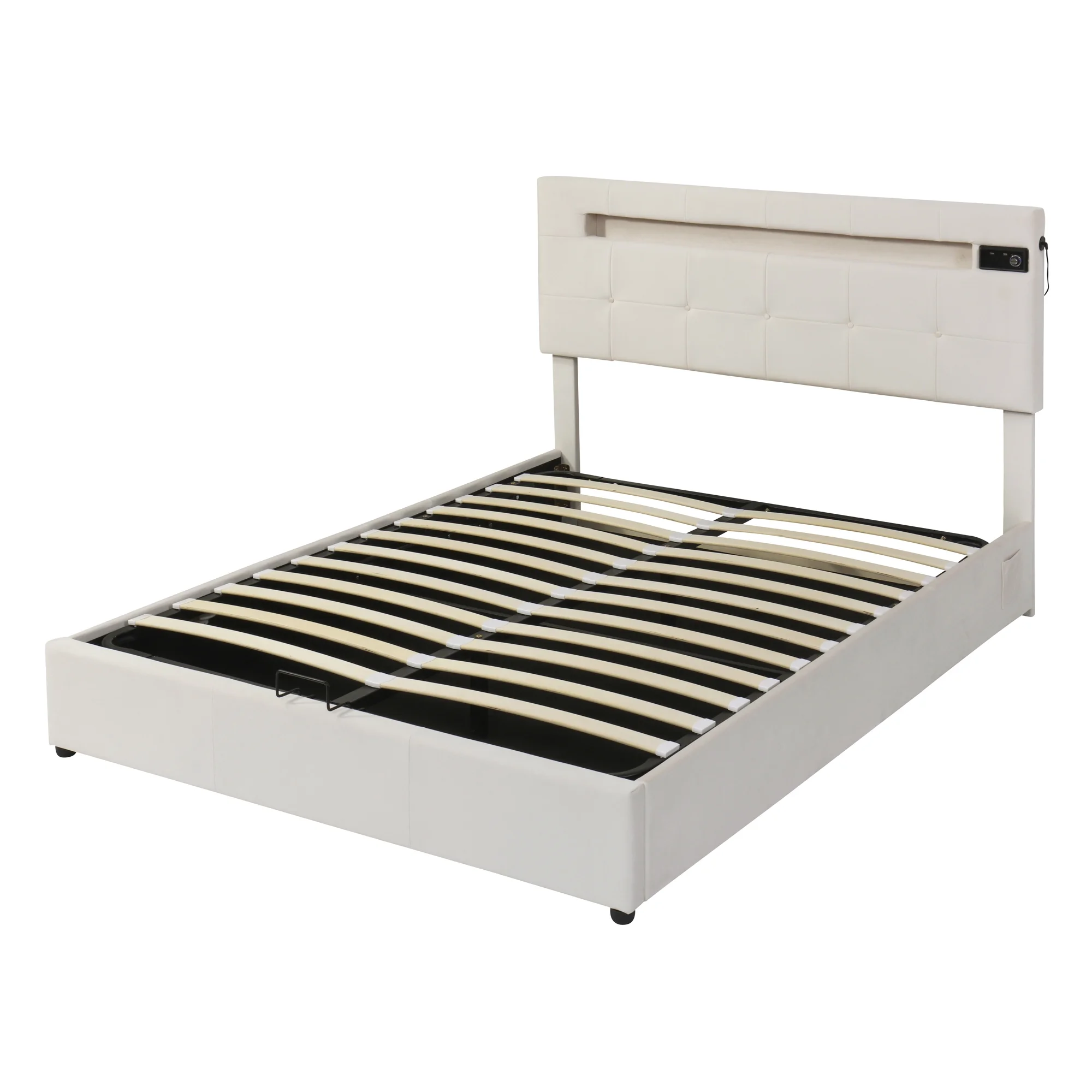 Churanty Full Size Upholstered Bed with LED Light and Integrated Bluetooth Audio System, Modern Platform Bed with Hydraulic Storage System and USB Port, Velvet , Beige