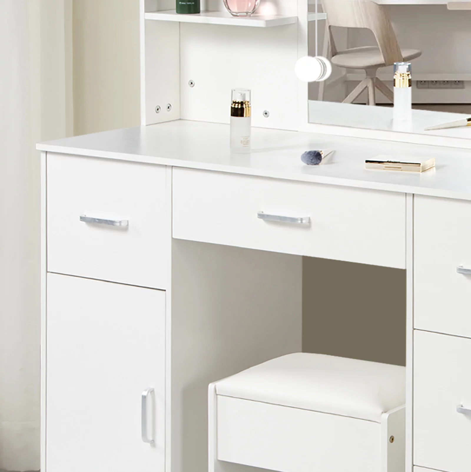 Jarbalai Vanity Set with LED Lights, Makeup Table with Stool, 6 Storage Shelves 5 Drawers, Dressing Table Dresser Desk for Women, Girls, Bedroom, White