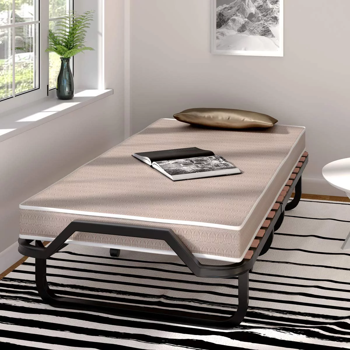 Rollaway Folding Bed with 4 Inch Mattress for Adults  Foldable Portable Guest Bed with Memory Foam Mattress & Sturdy Metal Frame  Cot Size Fold up Bed on Wheels  Easy to Store  Made i