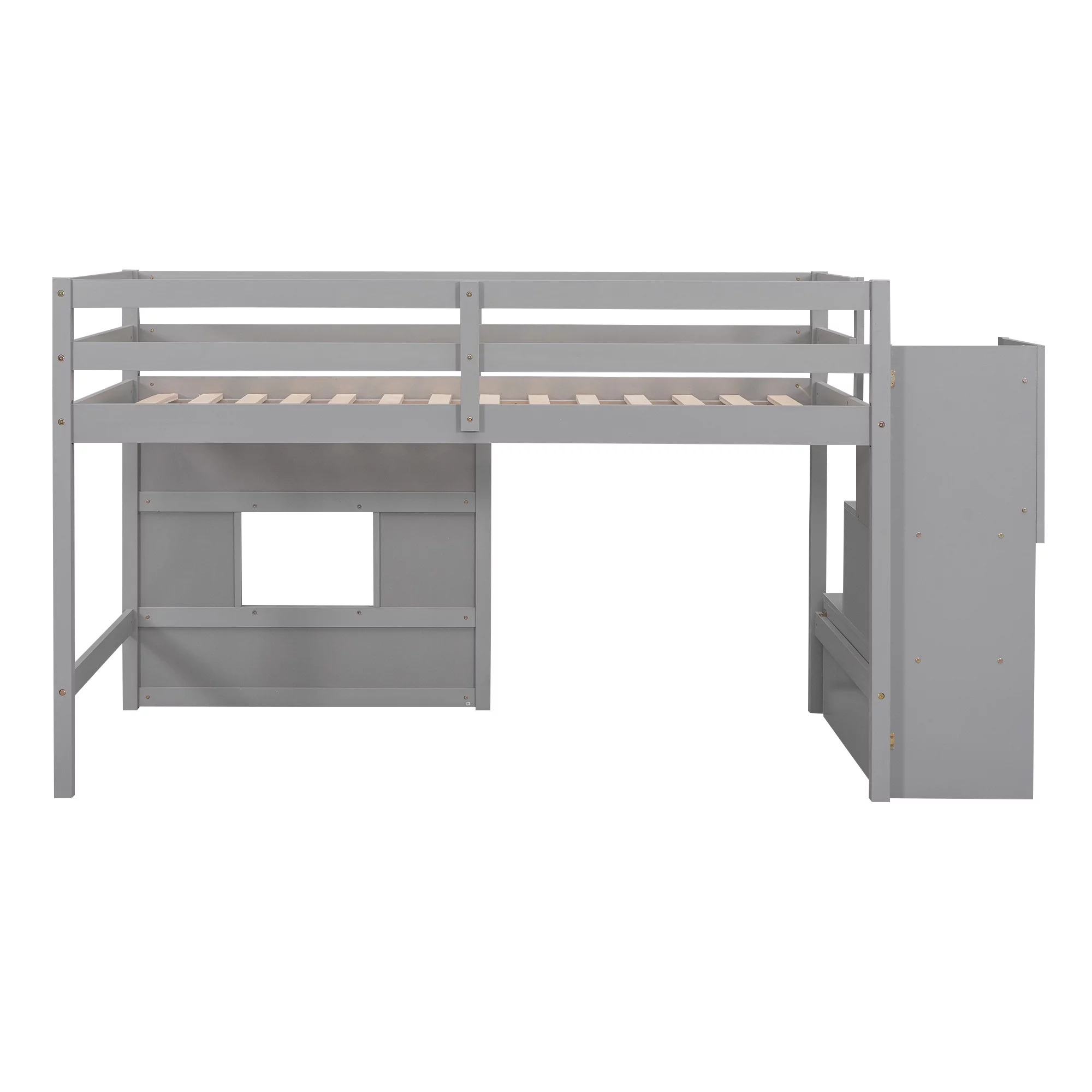 Bellemave Twin over Twin Size Loft bed with Underneath House & Strong Storage Staircases ,Solid Wood Twin Loft Bed with Full-Lengths Guardrails for Kids,Gray