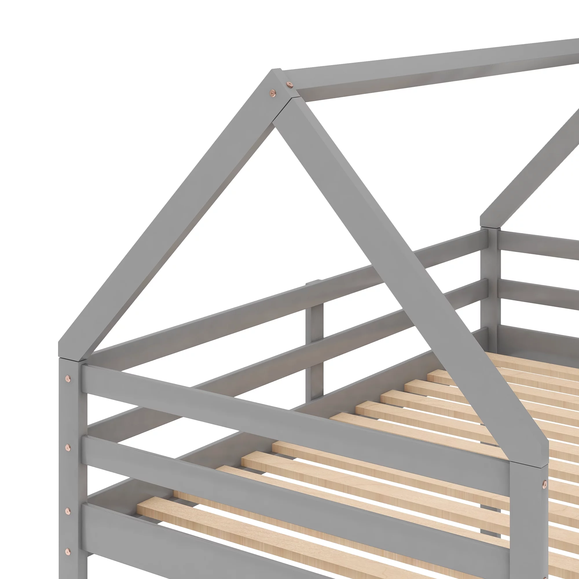 Euroco Twin over Twin House Bed, Low Bunk Bed for Kid's Room, Gray