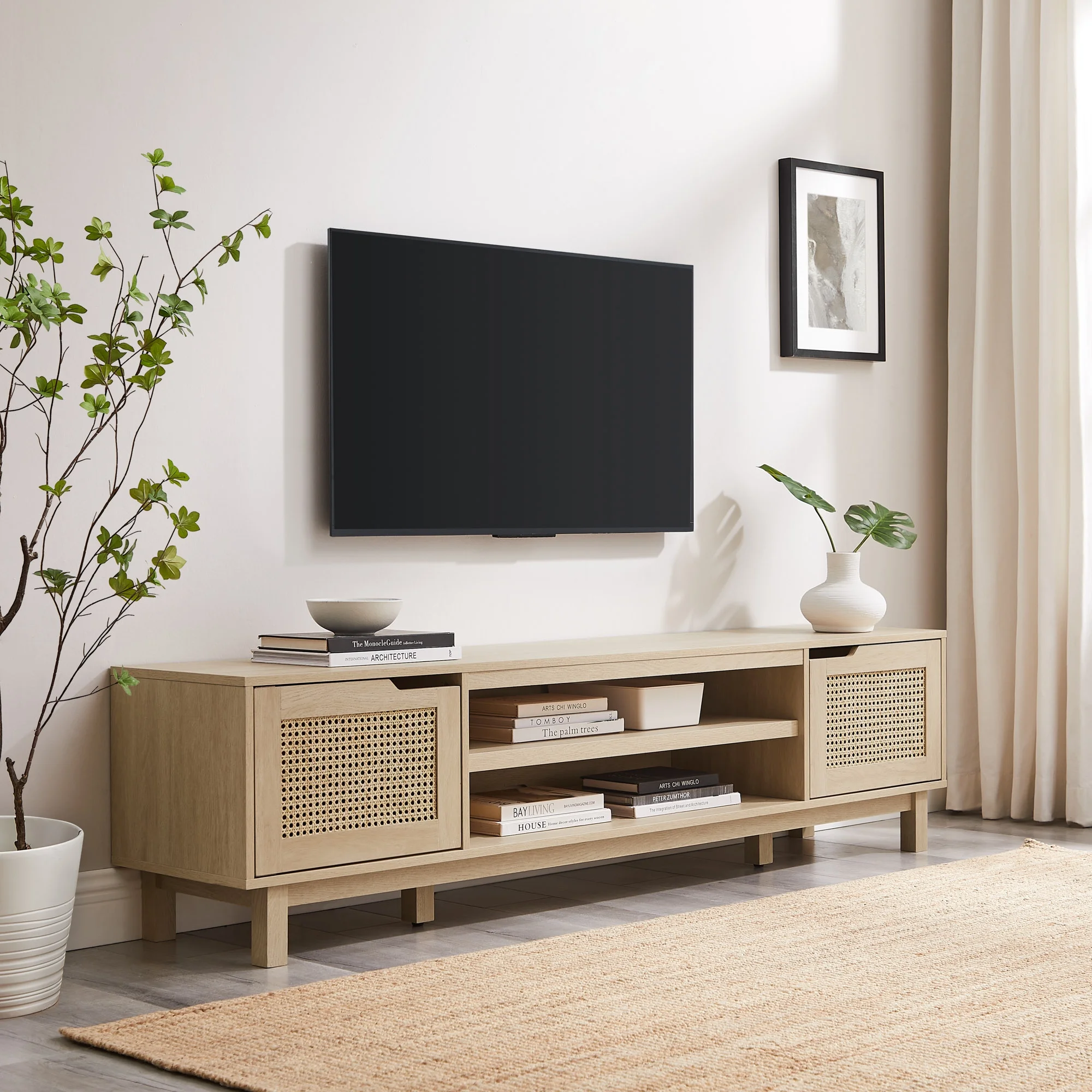 Walker Edison Boho 2-Door Rattan TV Stand for TVs up to 80”, Coastal Oak