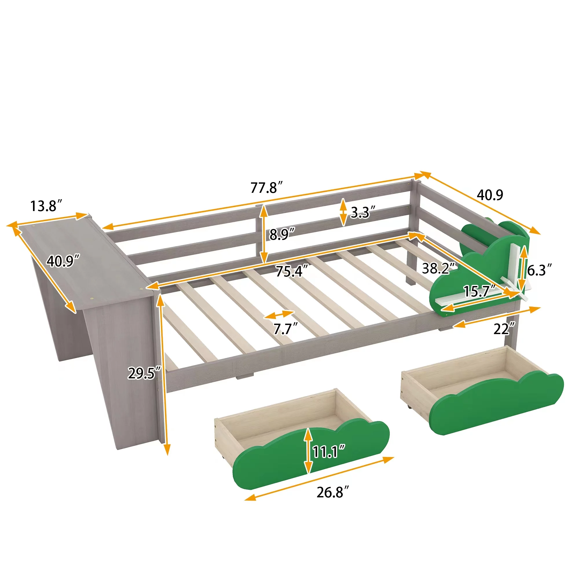 Churanty Twin Size Daybed with Storage Drawers and Desk,Wood Twin Bed Frame with Green Leaf Shape Shelves for Kids Bedroom,Gray