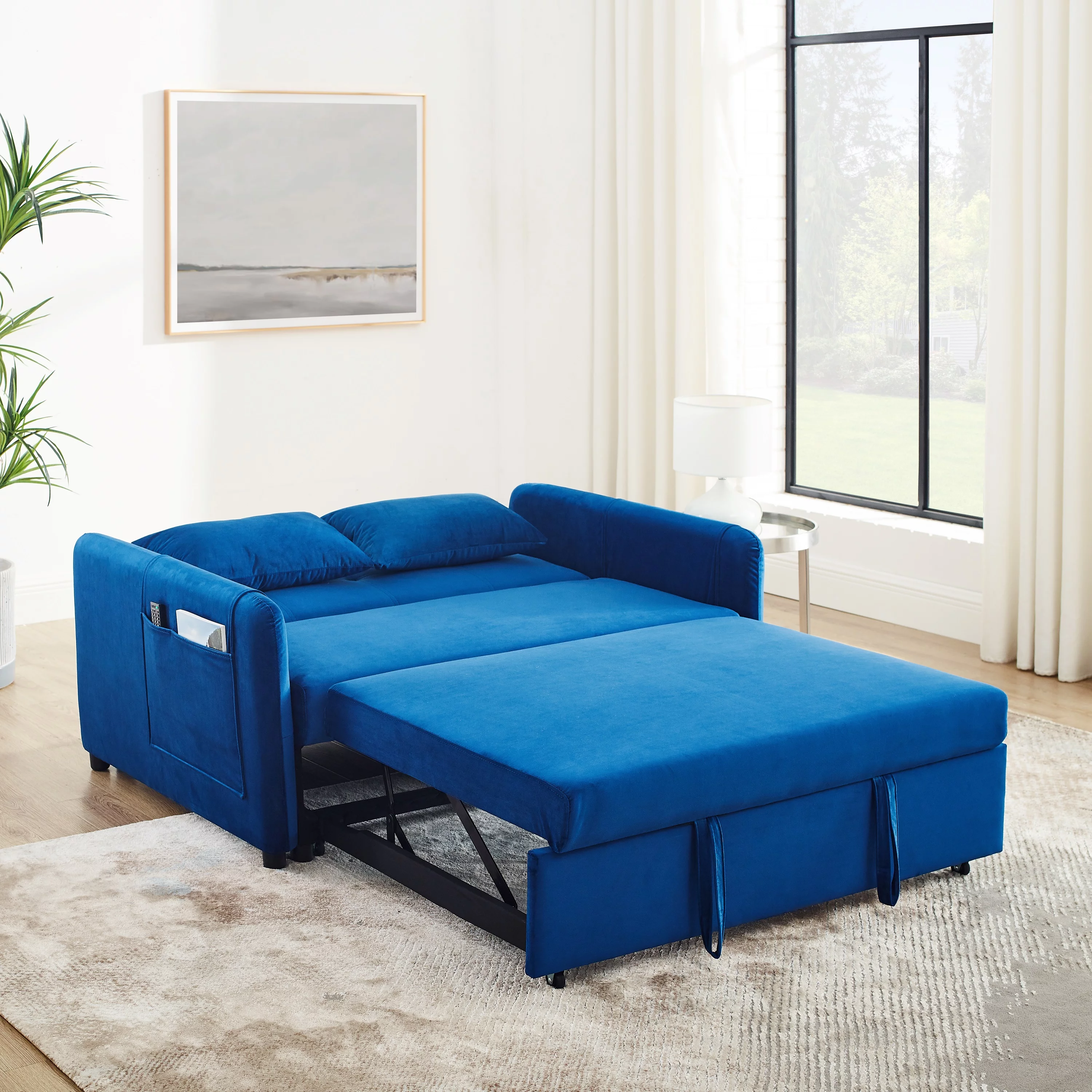 Modern Velvet Pull Out Convertible Sleeper Sofa Bed, Folding Loveseat Futon Couch with Adjustable Backrest Lumbar Pillows for Living Room Bedroom Office