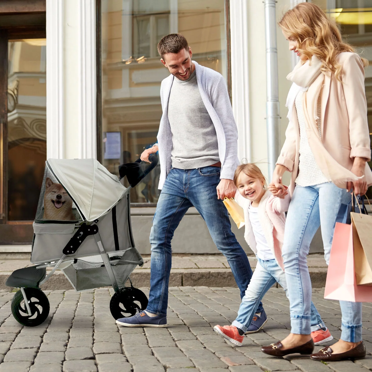 Critter Sitters Light Grey 4-Wheel Pet Stroller for Medium/Large Sized Dogs, Cats with Scratch Resistant Breathable Mesh Windows and Safety Leash | Storage Basket | Cup Holders | Lockable Wheels