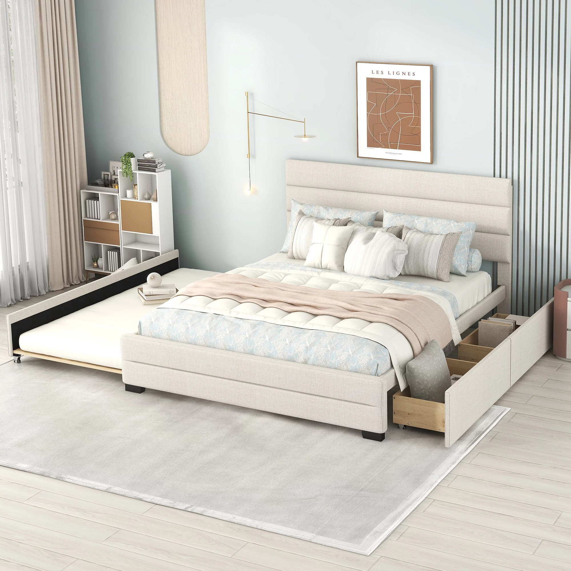 Royard Oaktree Queen Size Storage Bed Platform Bed Upholstered Queen Bed Frame with Headboard,2 Drawers and Trundle,Linen Fabric,No Box Spring Needed,Beige