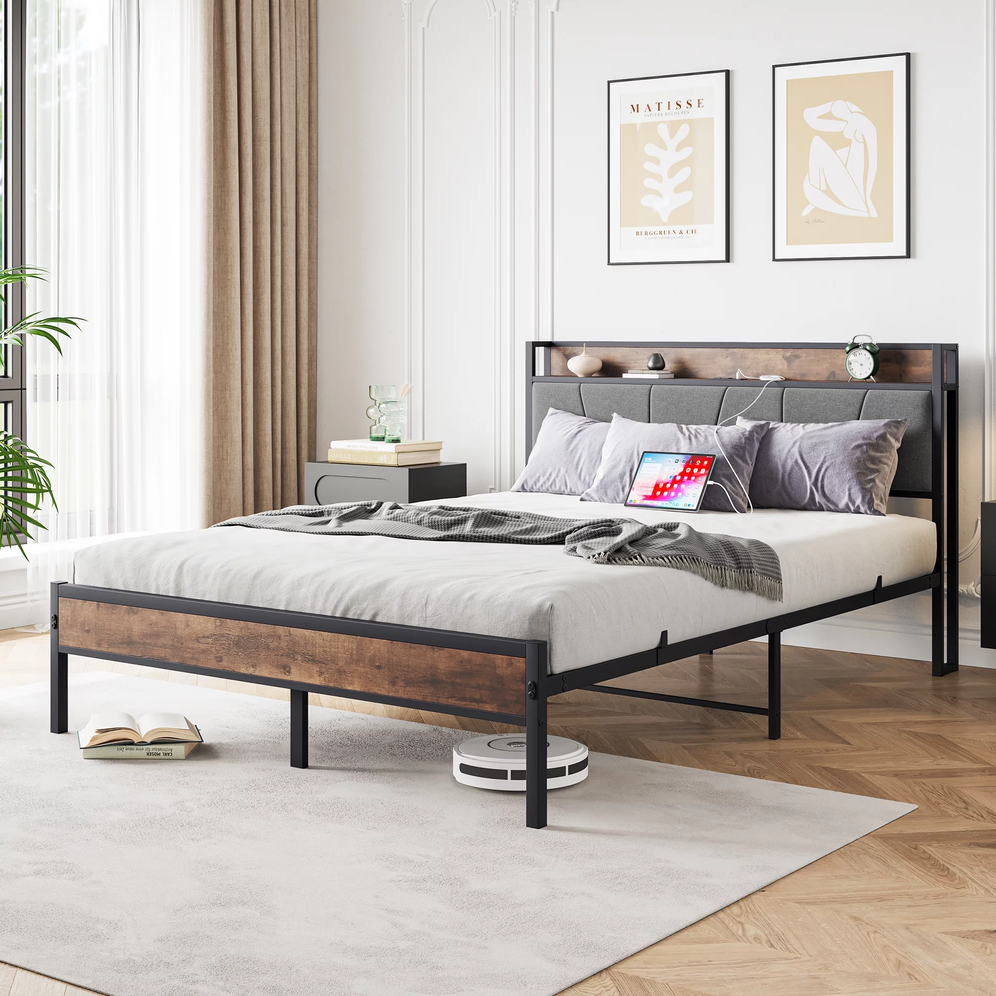 iRerts Queen Bed Frame with Charging Station, Metal Frame Queen Platform Bed Frame with Storage Headboard, 2 Outlets and 2 USB, Bed Frame Queen Size for Bedroom, No Box Spring Needed, Vintage Brown