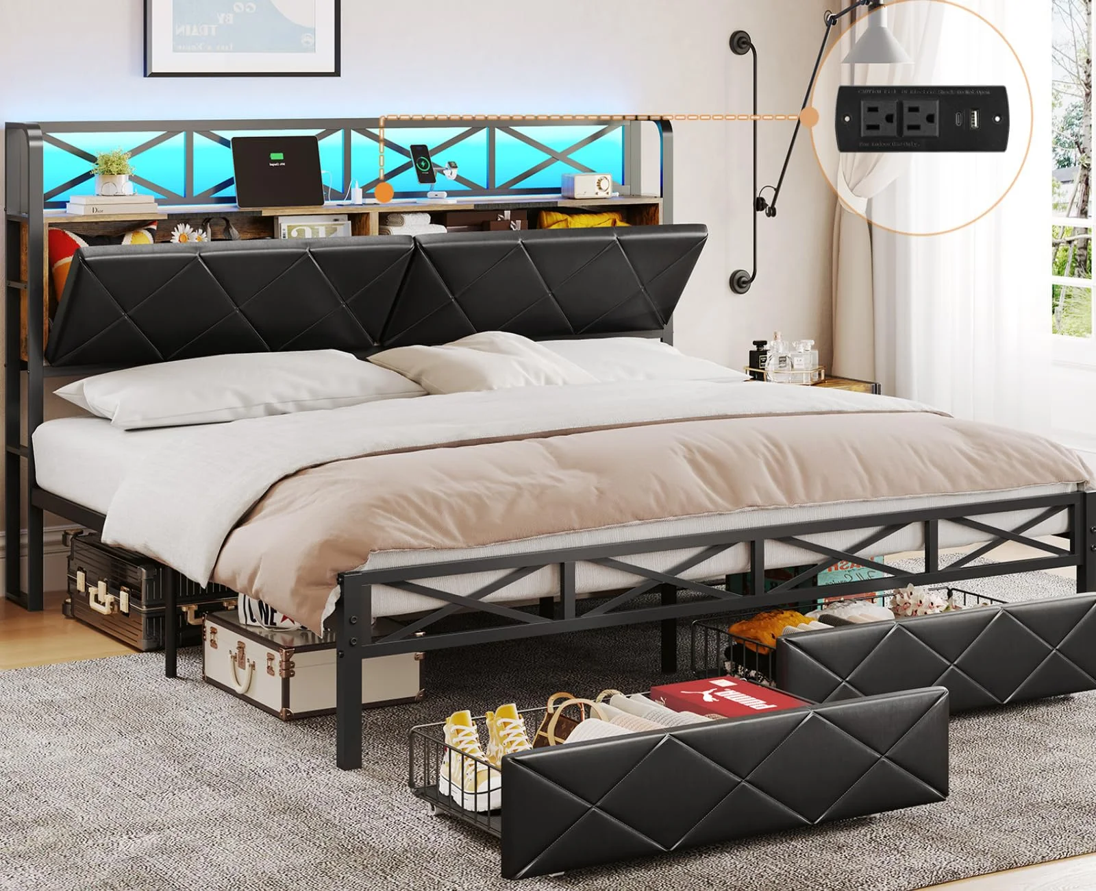 King Size LED Bed Frame with Storage Headboard and 2 Drawers,Upholstered Platform Bed with Led Lights and USB Port Charging,Hidden Storage,Black