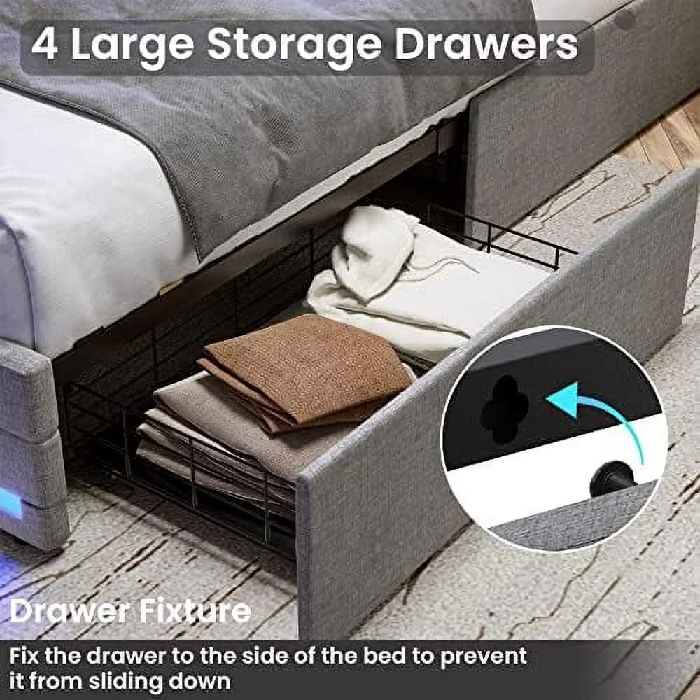 GEROBOOM Full Size Bed Frame with  Drawers  LED Lights Headboard Footboard  Upholstered Leather Platform LED Bed Frame with 2 USB Potrs  No Box Spring Needed  Black