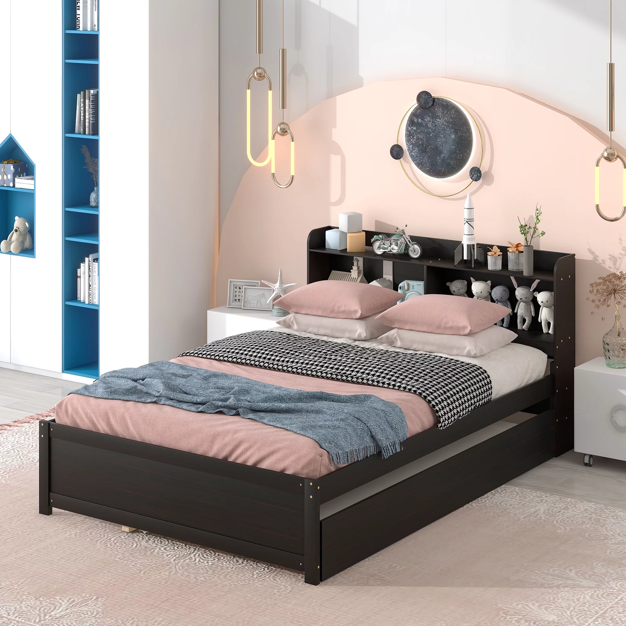 uhomepro Full Bed Frame with Bookcase Headboard and Trundle, Upgrade Pine Wood Platform Bed Frame for Kids, Modern Kids Bed Furniture for Bedroom, No Box Spring Needed, Espresso