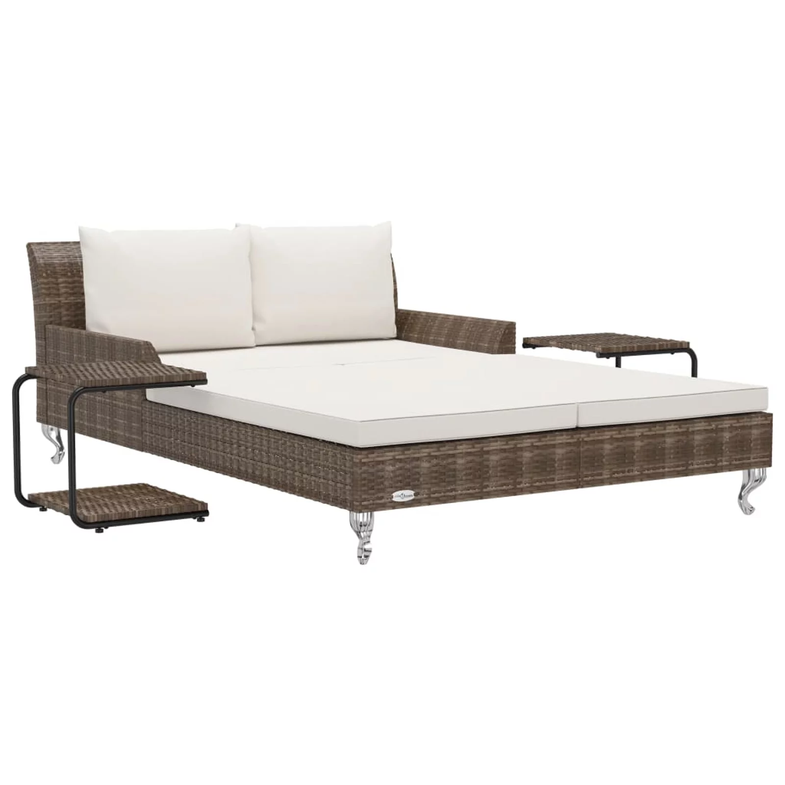Dcenta 2-Person Paio Sun Lounge Bed with 2 Side Tables and Pillows Cushioned Patio Double Sun Lounger Brown Poly Rattan Daybed for Balcony, Garden, Pool, Lawn, Backyard Outdoor Furniture