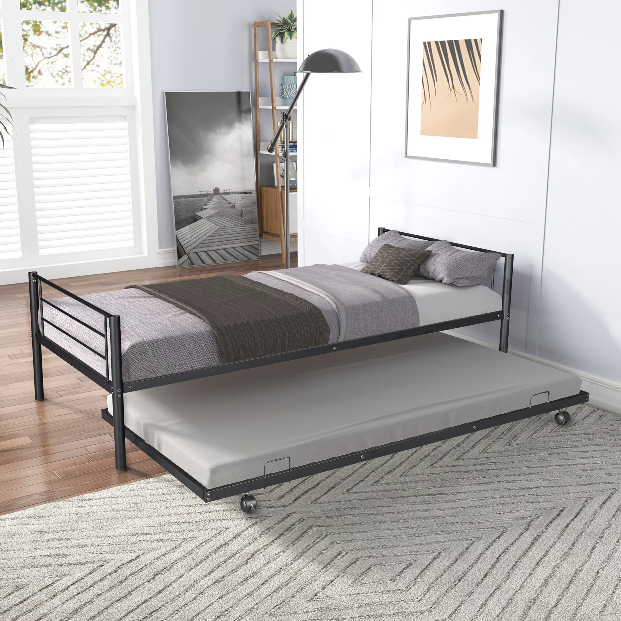 GNIXUU Metal Twin over Twin Bunk Beds with Trundle Bed for Kids Bedroom, Metal Twin Bunk Bed Frame with Safety Guardrail & 2 Ladders, Black