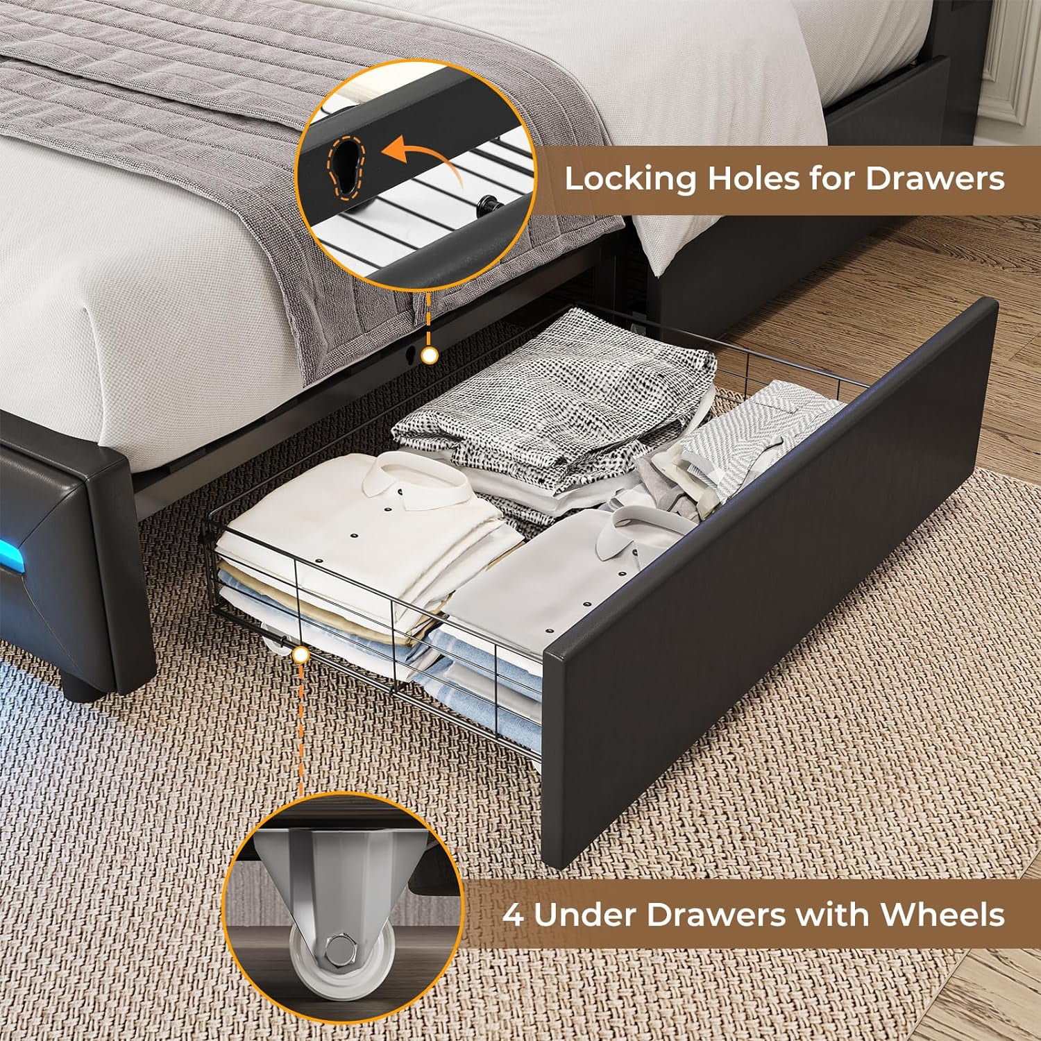 Queen Bed Frame with Storage Headboard and Drawers, Bed Frame with LED Light and Charging Station, Wooden Slats, PU Leather,No Box Spring Needed