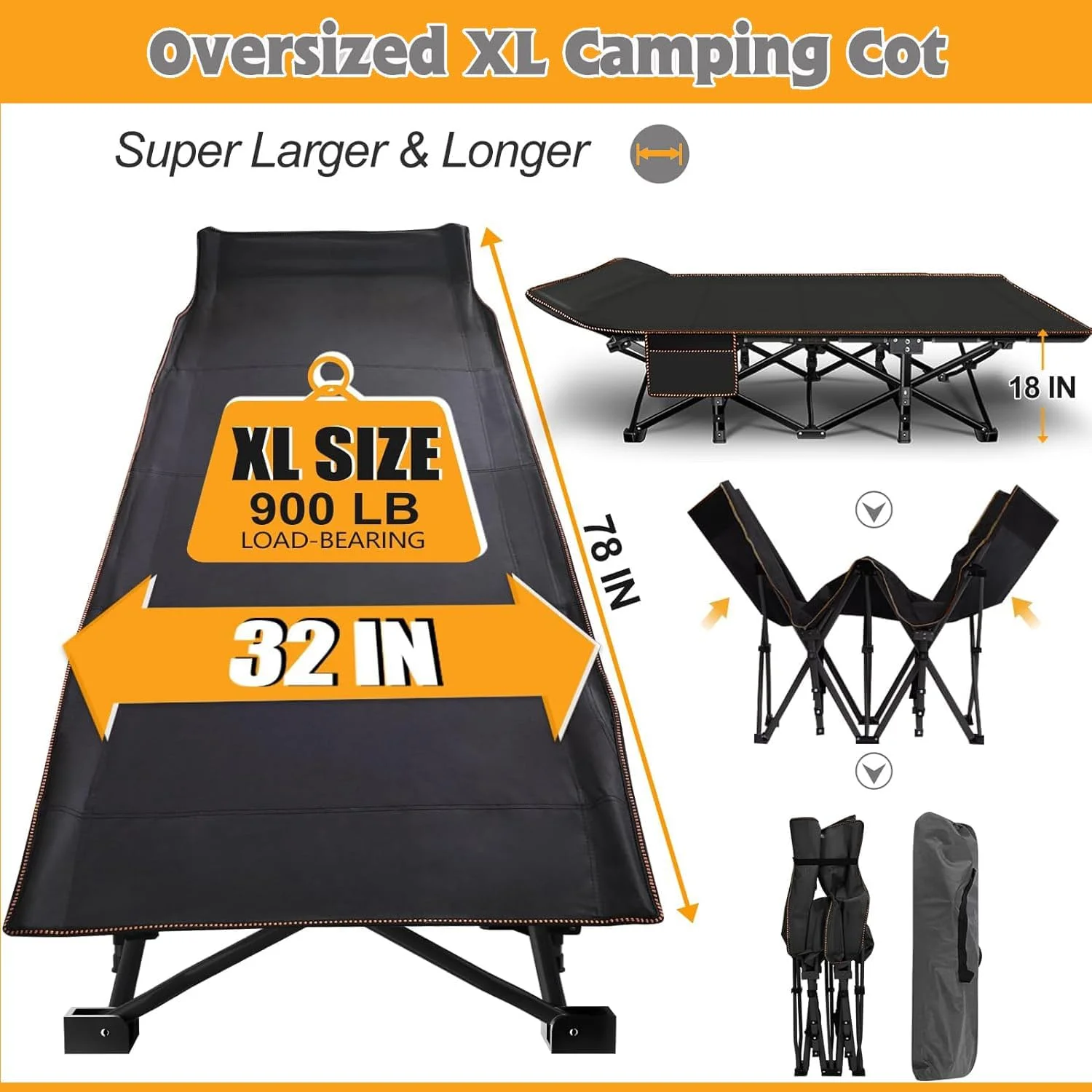 ABORON Oversized XL Folding Sleeping Cots for Adults, 900lb Loading Double-Layer 1200D, Heavy Duty Guest Bed W/Mattress & Carrying Bag