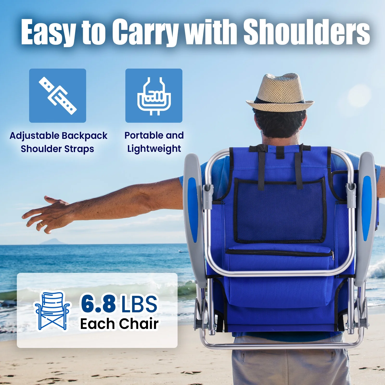 TSCOMON Beach Chair for Adults, 4 Position Portable Backpack Foldable Camping Chair with Headrest, Cup Holder, and Cooler Pouch (Blue,2 Pack)