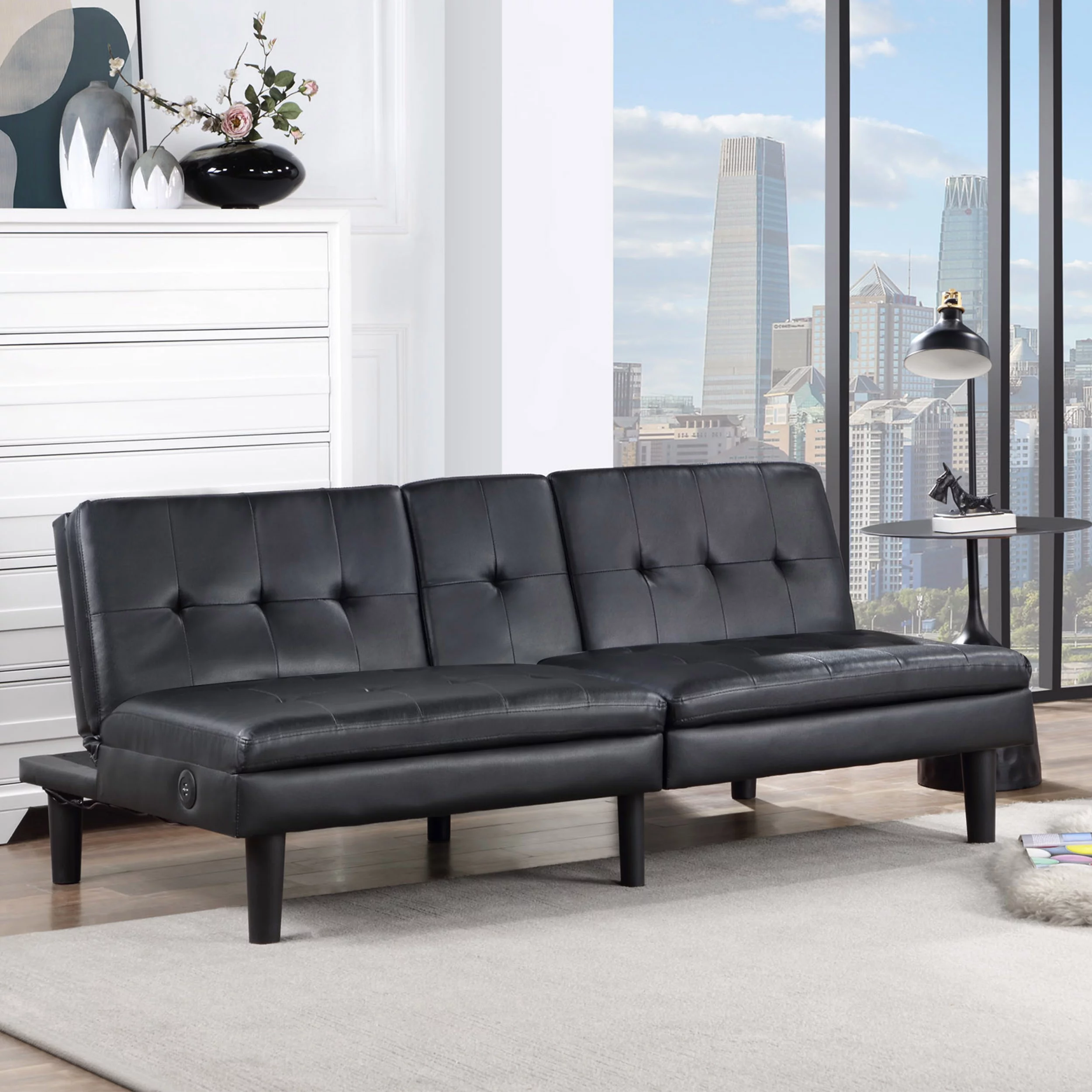 TrumanPick Memory Foam Futon, Convertible Sofa Bed with USB ports and Cupholders, Faux Leather Black