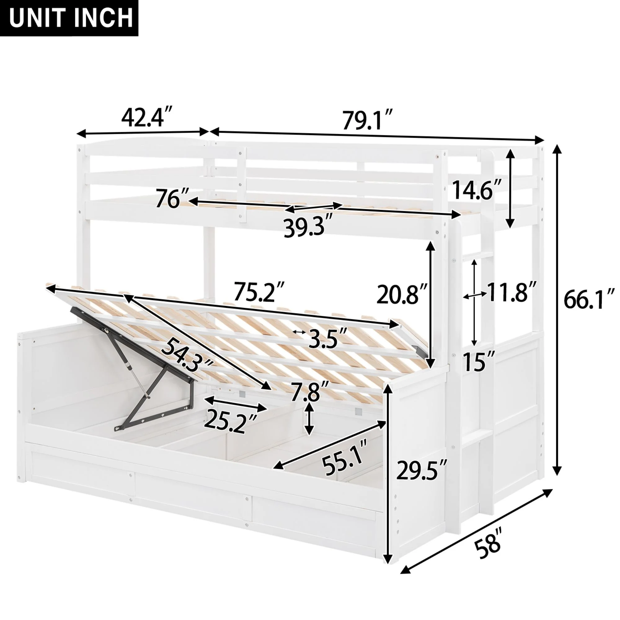 Twin over Full Bunk Bed with Ladder,Solid Wood Bunk Bed Frame with Safety Guardrail, Convertible into 2 Bed Bunk Beds with Hydraulic Lift Up Storage for Girls Boys Teens(White, Twin over Full)