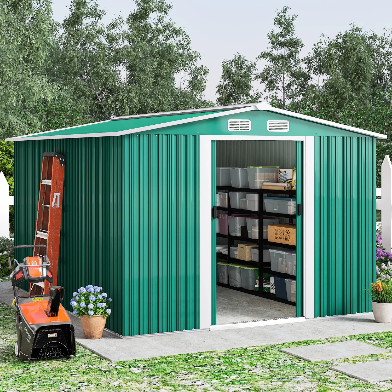 8' x 8' Outdoor Metal Storage Shed, Metal Shed & Outdoor Storage with Sliding Door, Tools Storage Shed, Steel Garden Shed, Outdoor Storage Shed for Backyard, Green