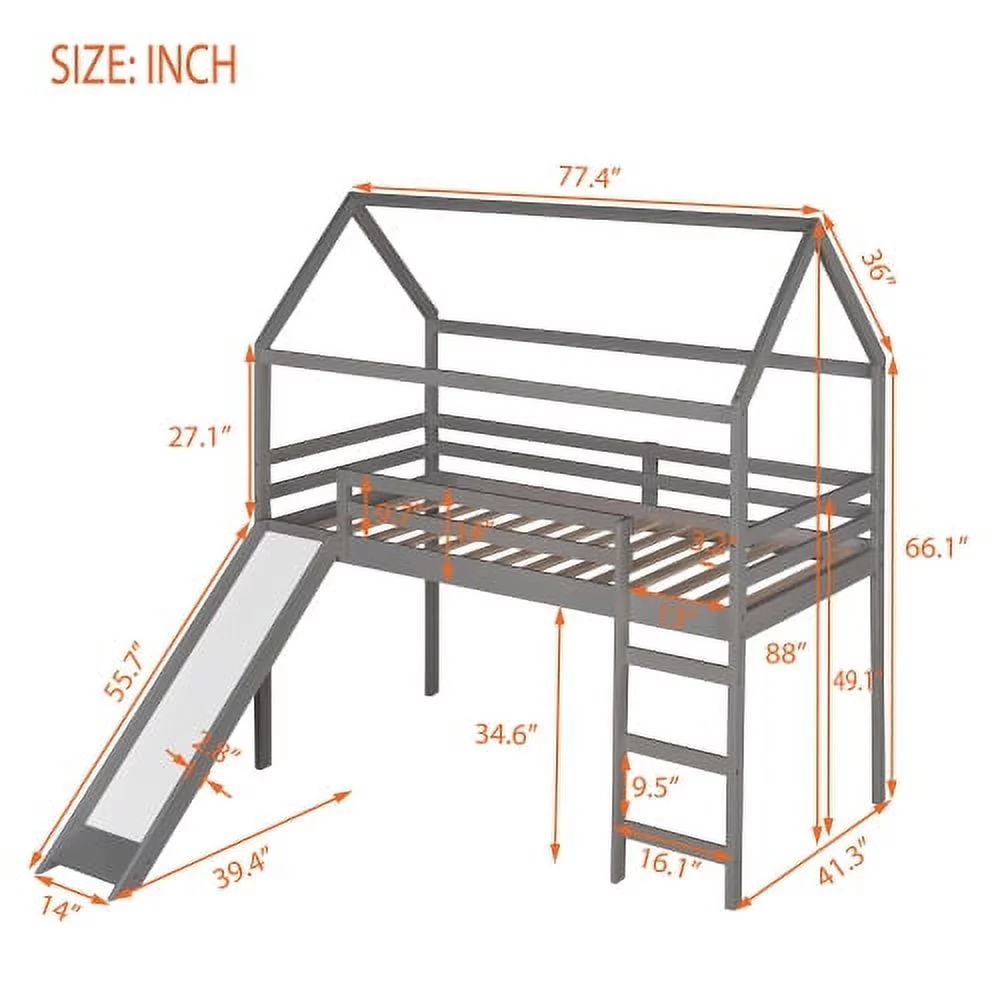 CHURANTY Twin Size Loft Bed with Slide, Wood House Loft Bed Frame , Twin Size Playhouse Loft Bed for Kids Boys Girls, Gray