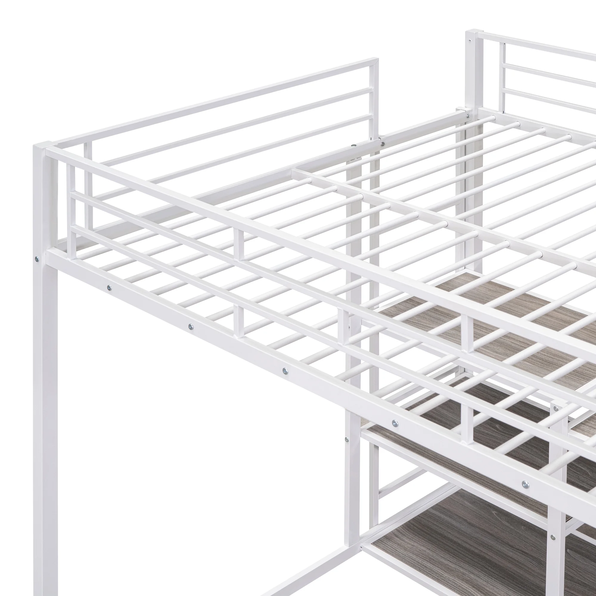 Sesslife Loft Bed for Kids, Full Size Loft Bed Frame with Desk and Whiteboard, Modern Metal Loft Bed with 3 Shelves and Ladder, White
