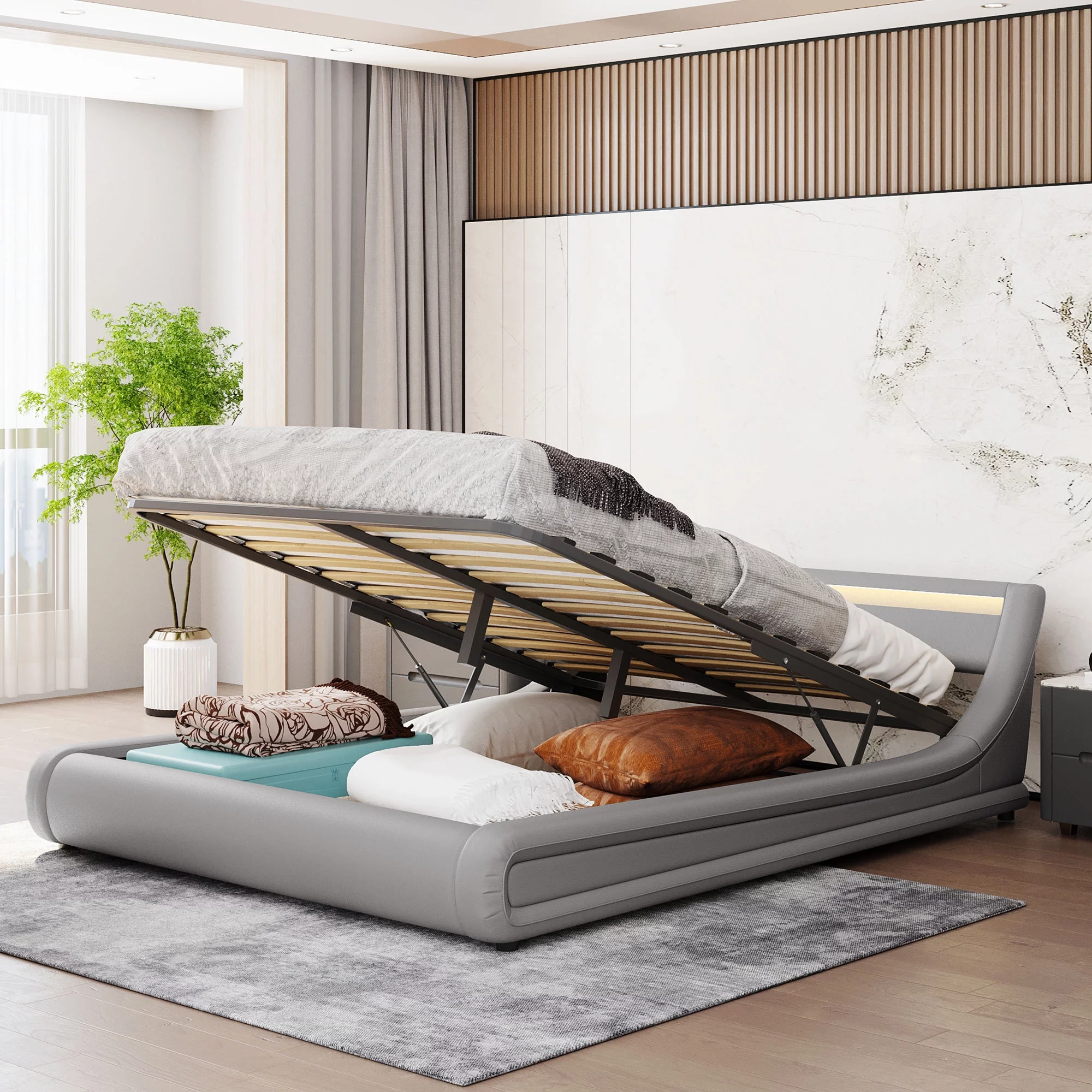 Modern Faux Leather Platform Bed with Hydraulic Storage and LED Light Headboard - Queen Size