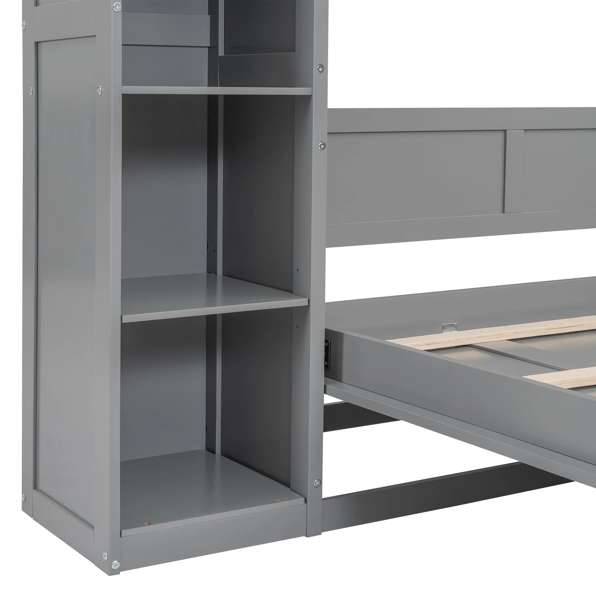 Practical Design Solid Wood Bed Frame Murphy Bed Wall Bed with Shelves and LED Lights, Platform Bed Frame, Mid Century Bedframe, Wood Foundation(Gray, Full)