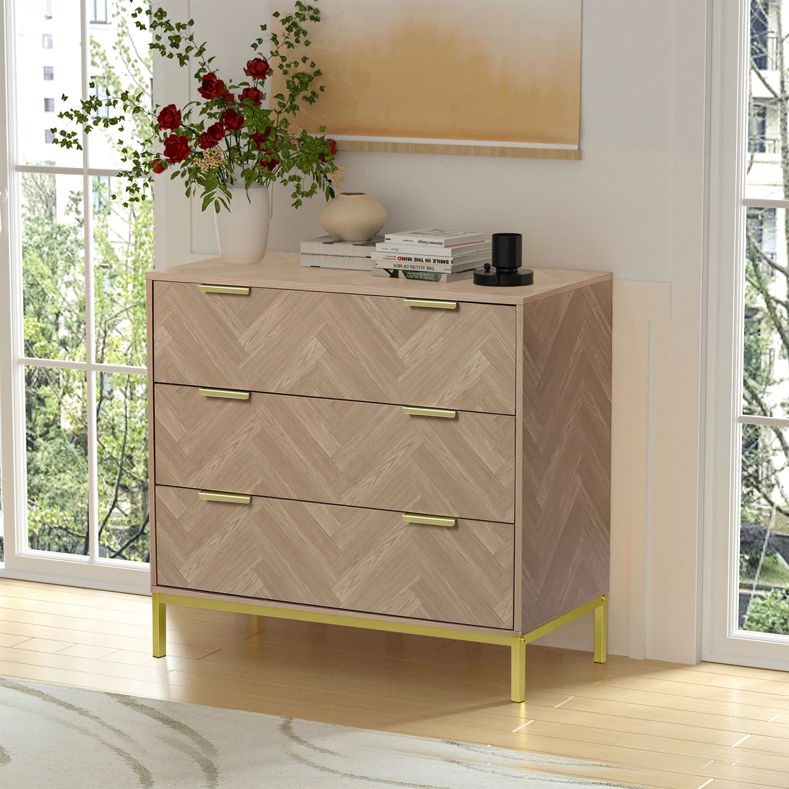 Eumyviv 3 Drawer Dresser, Oak Dresser Chest of Drawers Nightstand Storage Dresser for Living Room Bedroom Hallway, Oak H0037