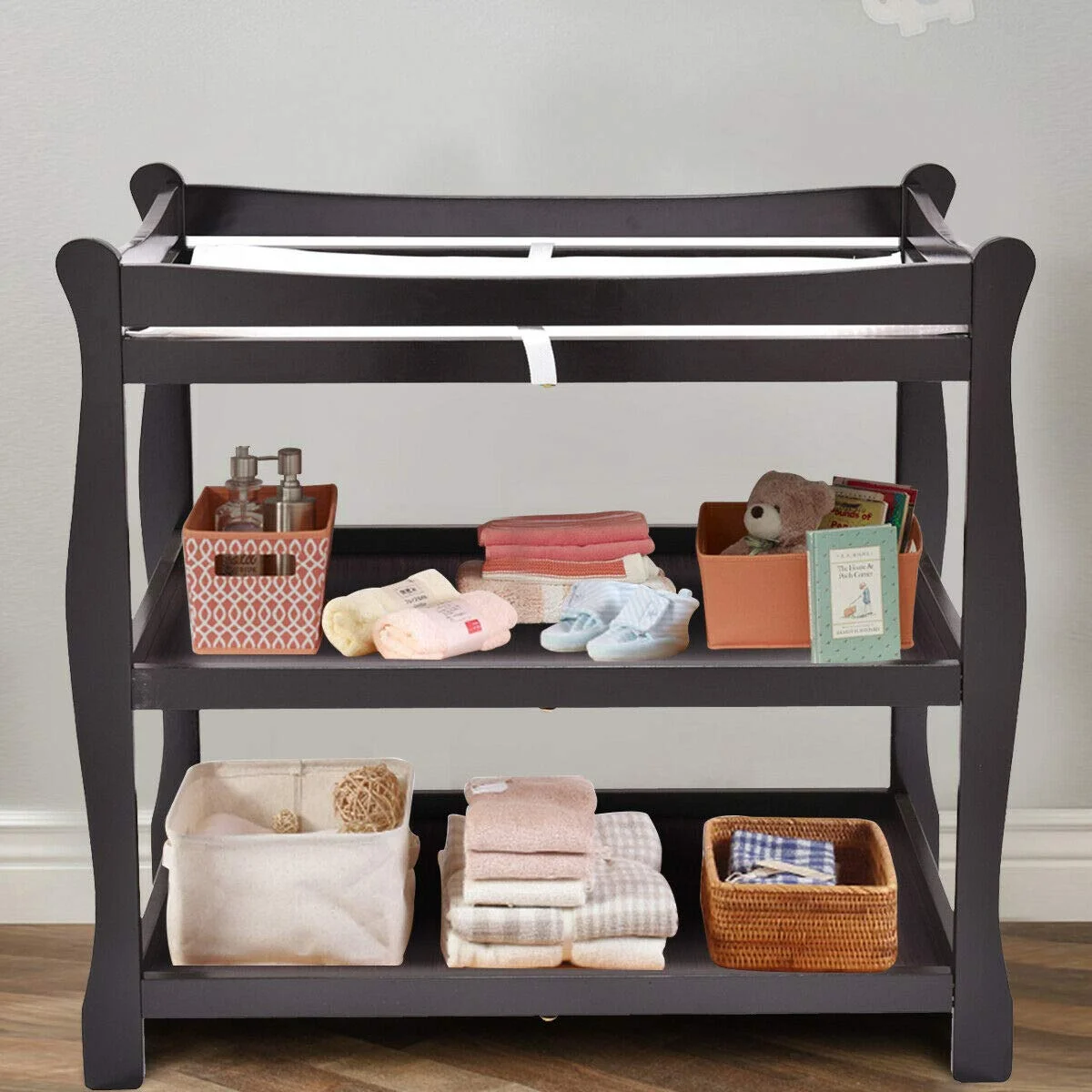 Baby Changing Table, Infant Diaper Changing Table Organization, Newborn Nursery Station with Pad, Sleigh Style Nursery Dresser Changing Table with Hamper/ 2 Fixed Shelves (Espresso)