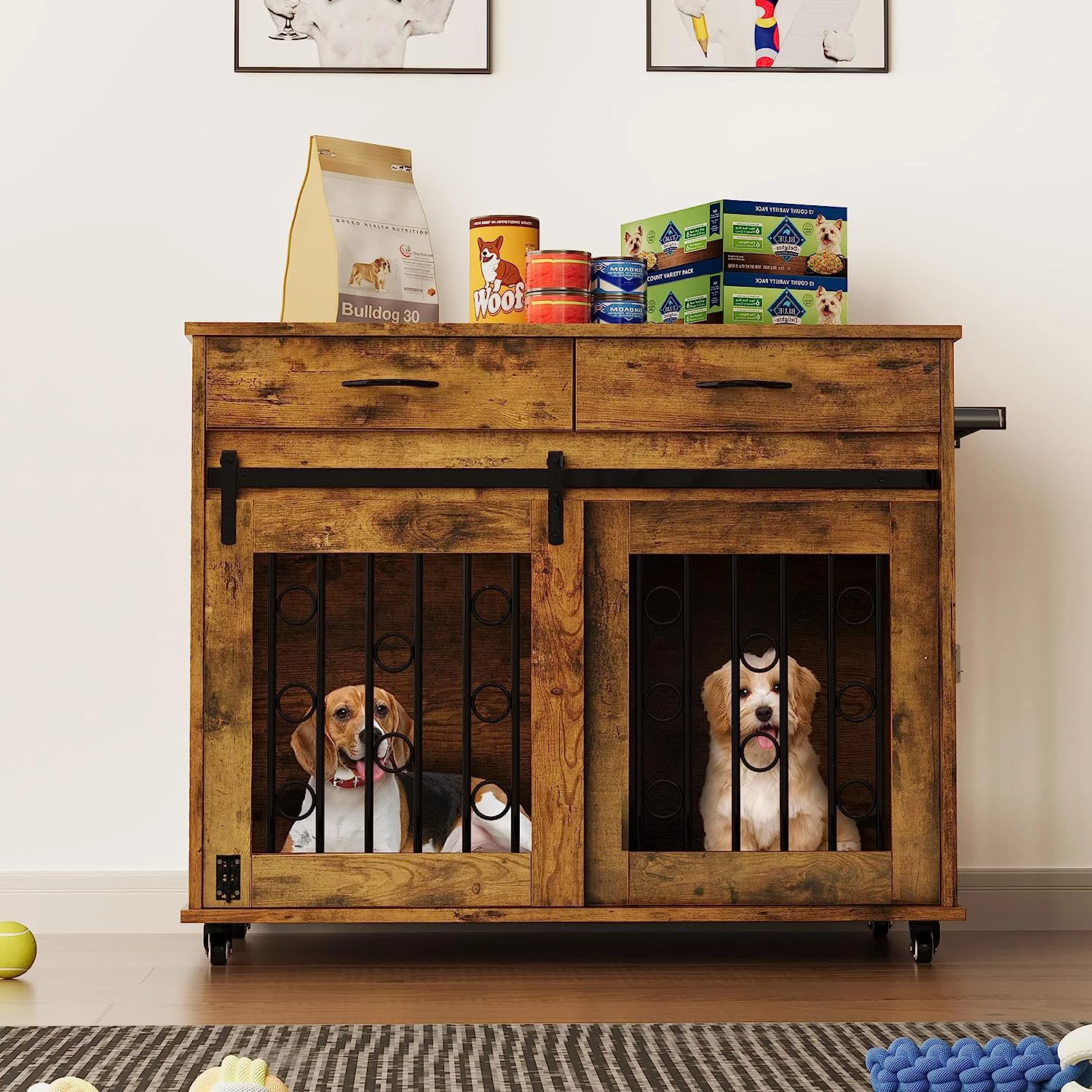 Dextrus Dog Crate Furniture, 39 inch large Wooden Indoor Dog Kennel with Divider Room and Drawers, Removable Tray End Table, Double Door Dog House for Small Medium Dog, Brown