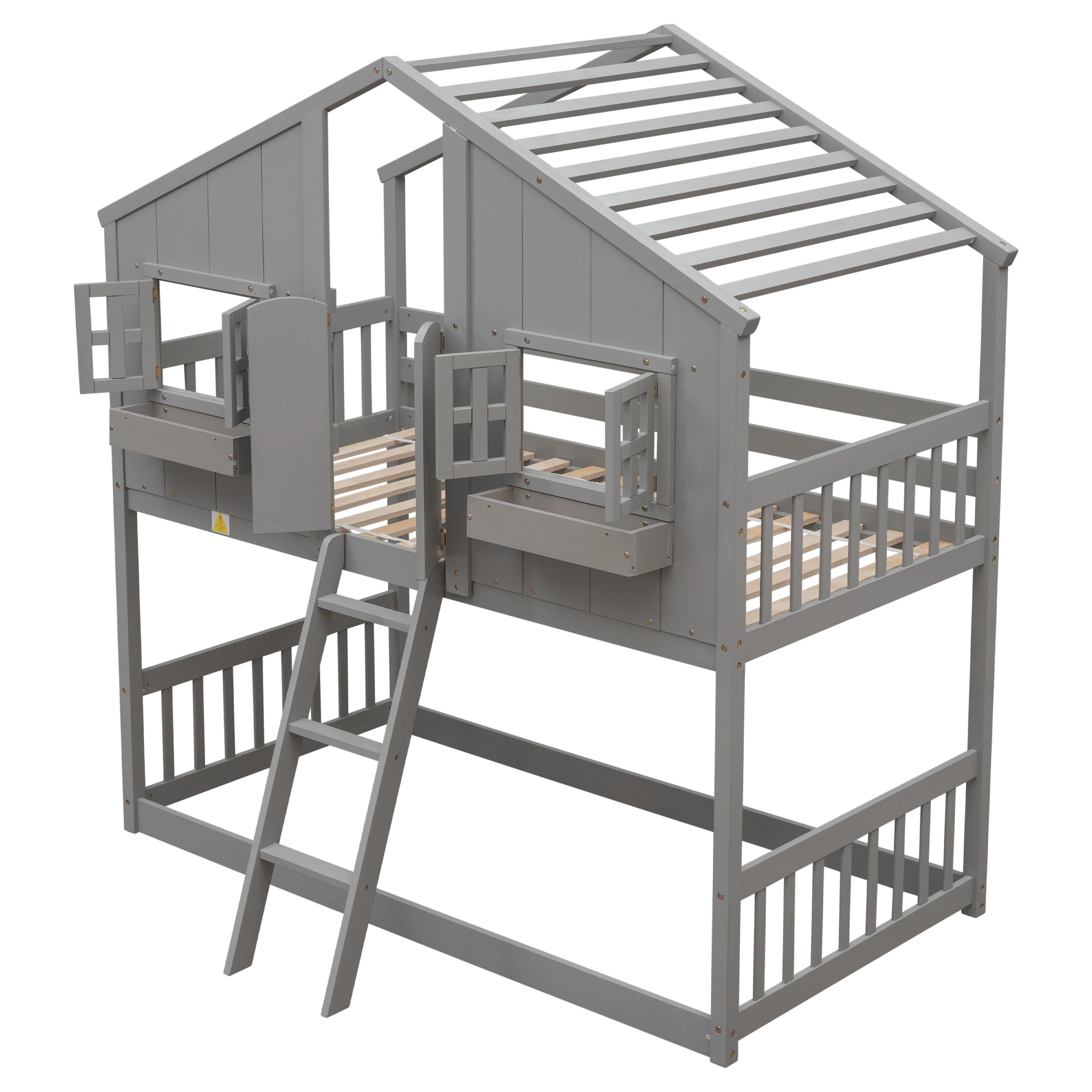 Solid Wood Twin over Twin House Bunk Bed with Roof, Window, Window Box, Door, Ladder and Guard Rail, Twin over Twin Bunk Bed for Toddler Kids Teens(Gray)