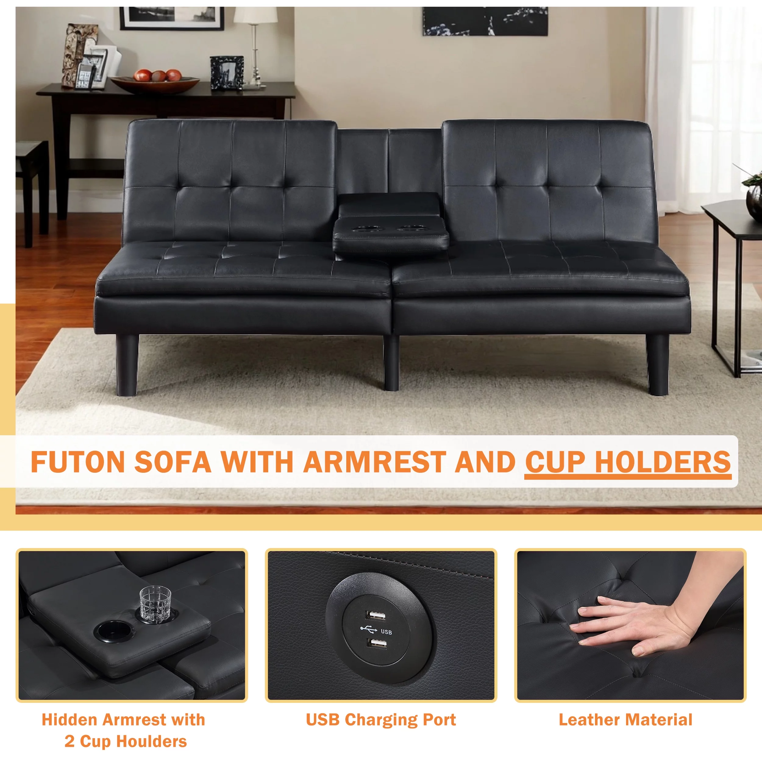 TrumanPick Memory Foam Futon, Convertible Sofa Bed with USB ports and Cupholders, Faux Leather Black