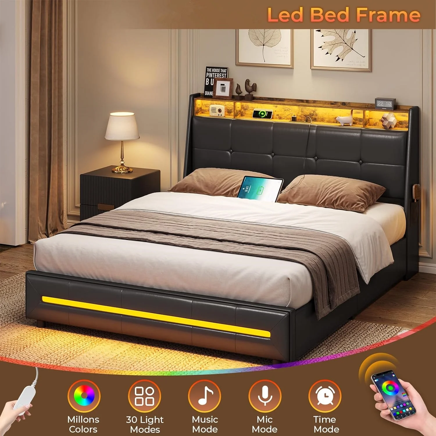 Queen Bed Frame with Storage Headboard and Drawers, Bed Frame with LED Light and Charging Station, Wooden Slats, PU Leather,No Box Spring Needed