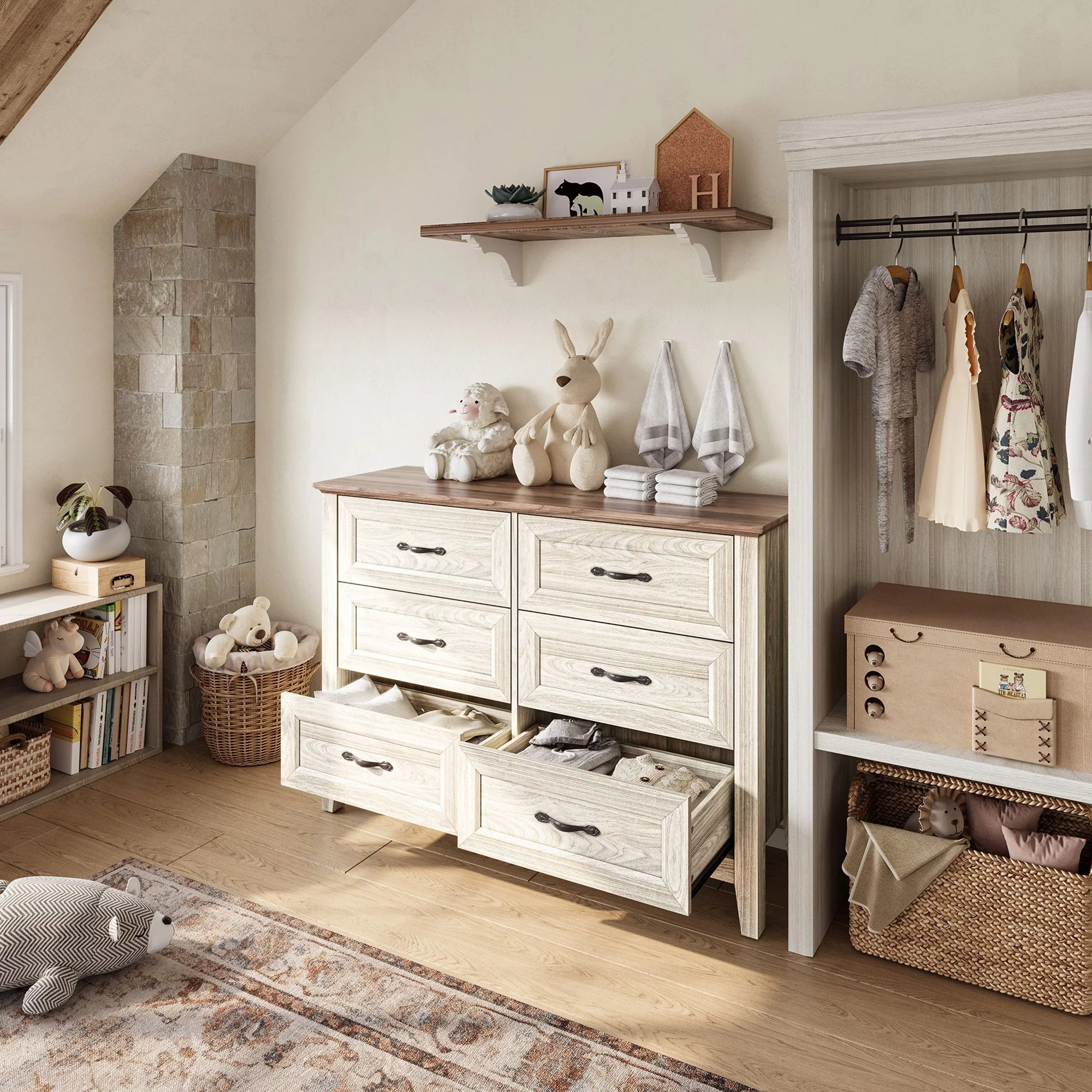 LINSY HOME Dresser for Bedroom, Long Dresser with 6 Drawers and Antique Handles, Chest of Drawers for Living Room, Entryway and Hallway, Rustic Oak