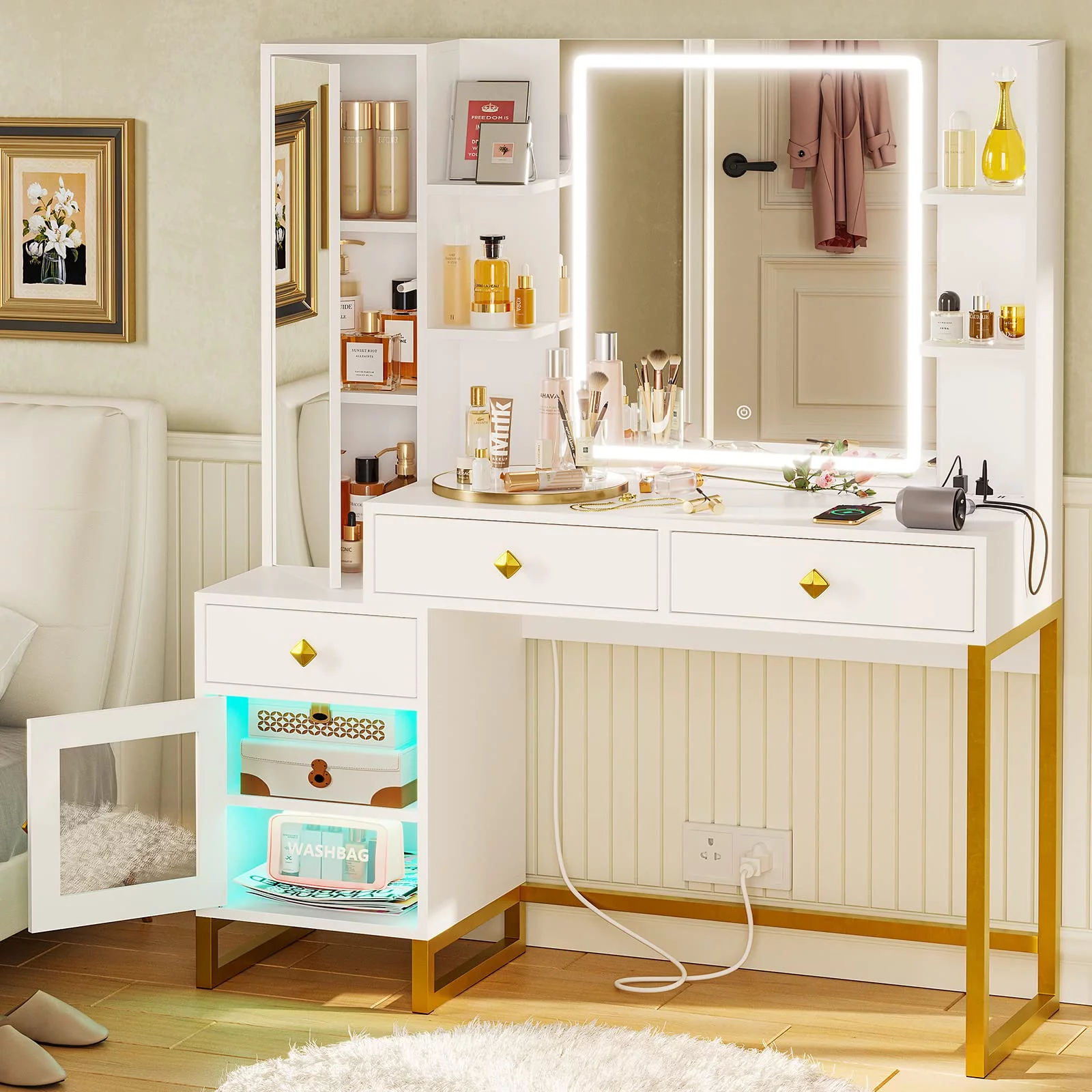Makeup Vanity Desk with Lighted LED Mirror & Charging Station, Large LED Vanity Desk Dressing Table with 3 Drawers&RGB Cabinet&Nightstand for Women Girls, White&Gold