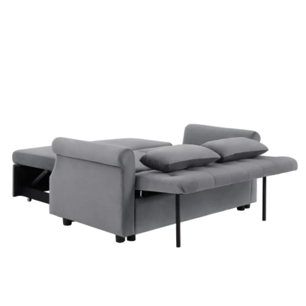 55'' Modern Shiny Velvet Convertible Loveseat Sleeper Sofa Couch w/ 2 Lumbar Pillows, Adjustable Pull-Out Bed and Removable Armrest for Nursery, Living Room, Apartment, Home Office