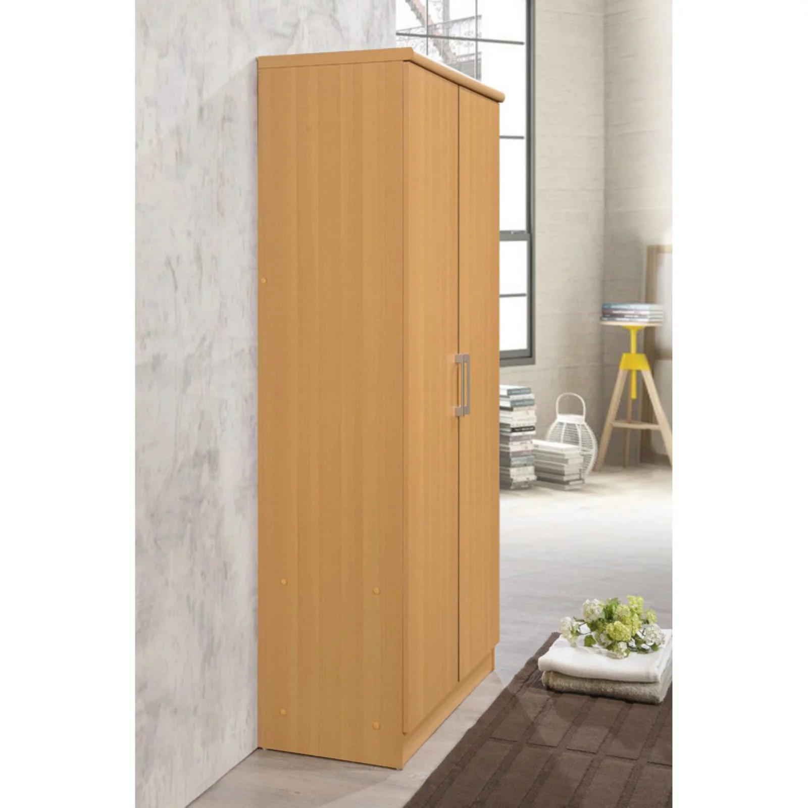 Hodedah 2 Door Wooded Armoire with 4 Shelves in Beige Finish
