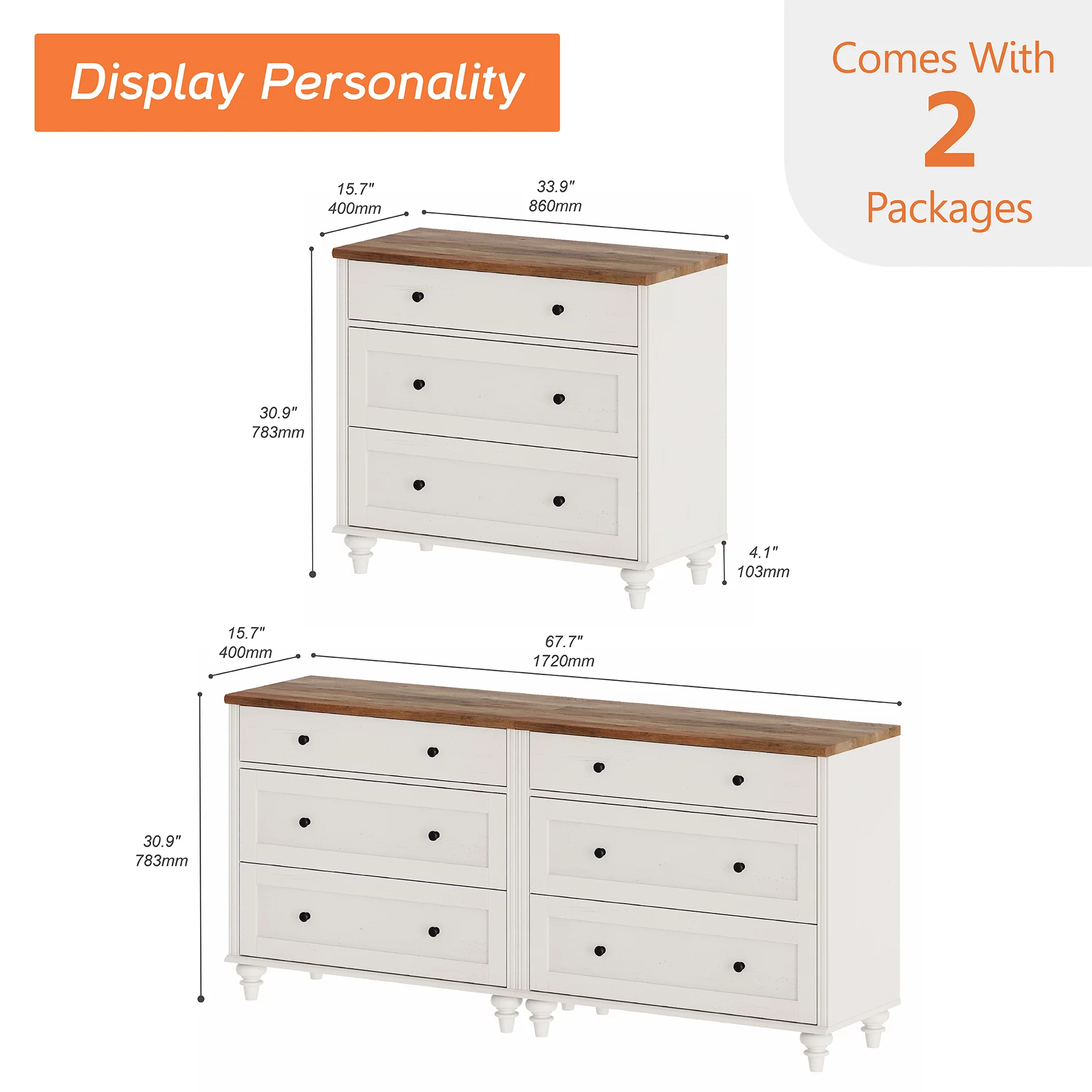 6 Drawer Dresser for Bedroom, White Kids Dressers Large Mid Century Modern Wooden Closet Storage Organizer for Living Room, Nursery, Hallway