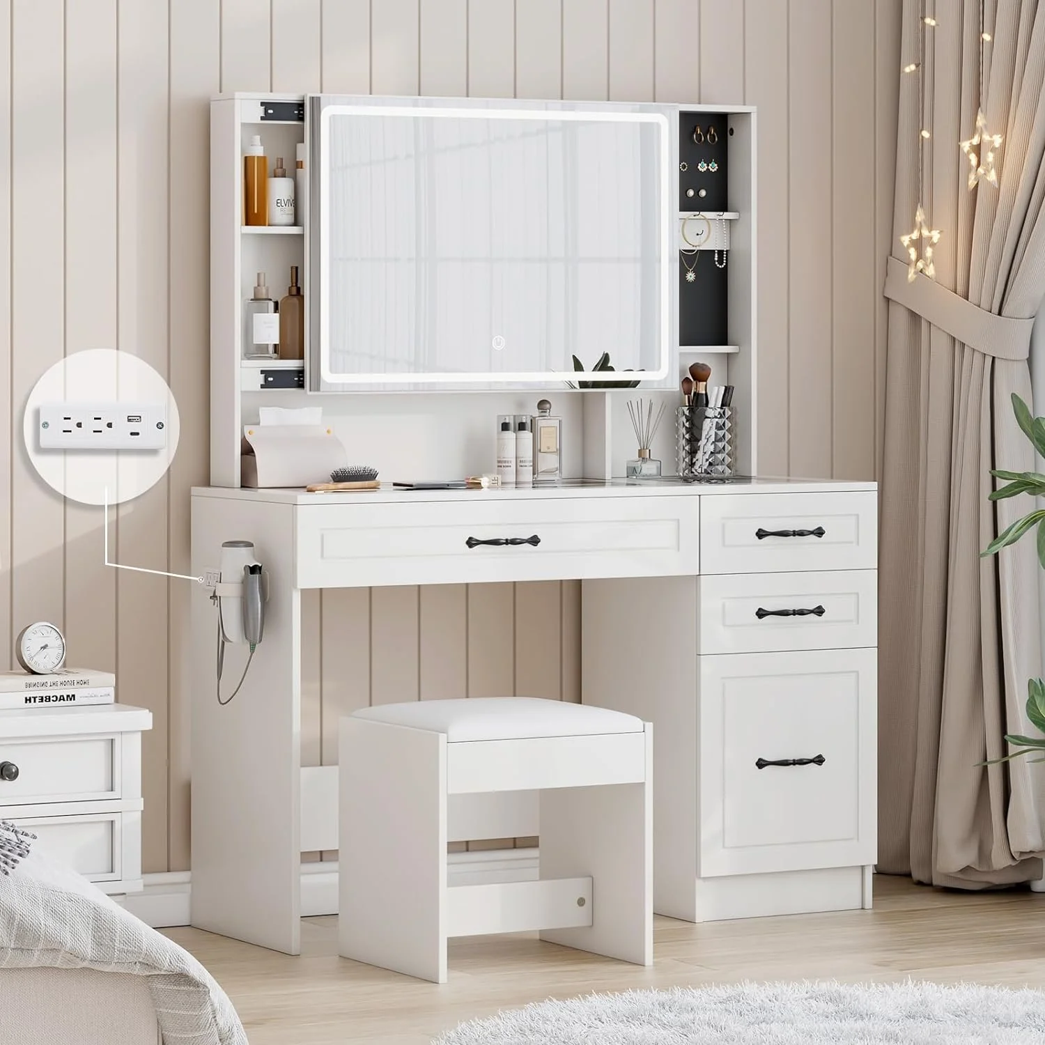 AMERLIFE Makeup Vanity Table Set with Sliding & LED Lighted Mirror, 45