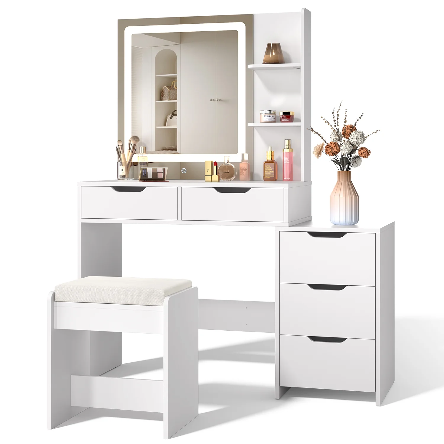 Vanity Desk, Lofka Makeup Vanity with Mirror and Lights, Large Vanity Table Set, White