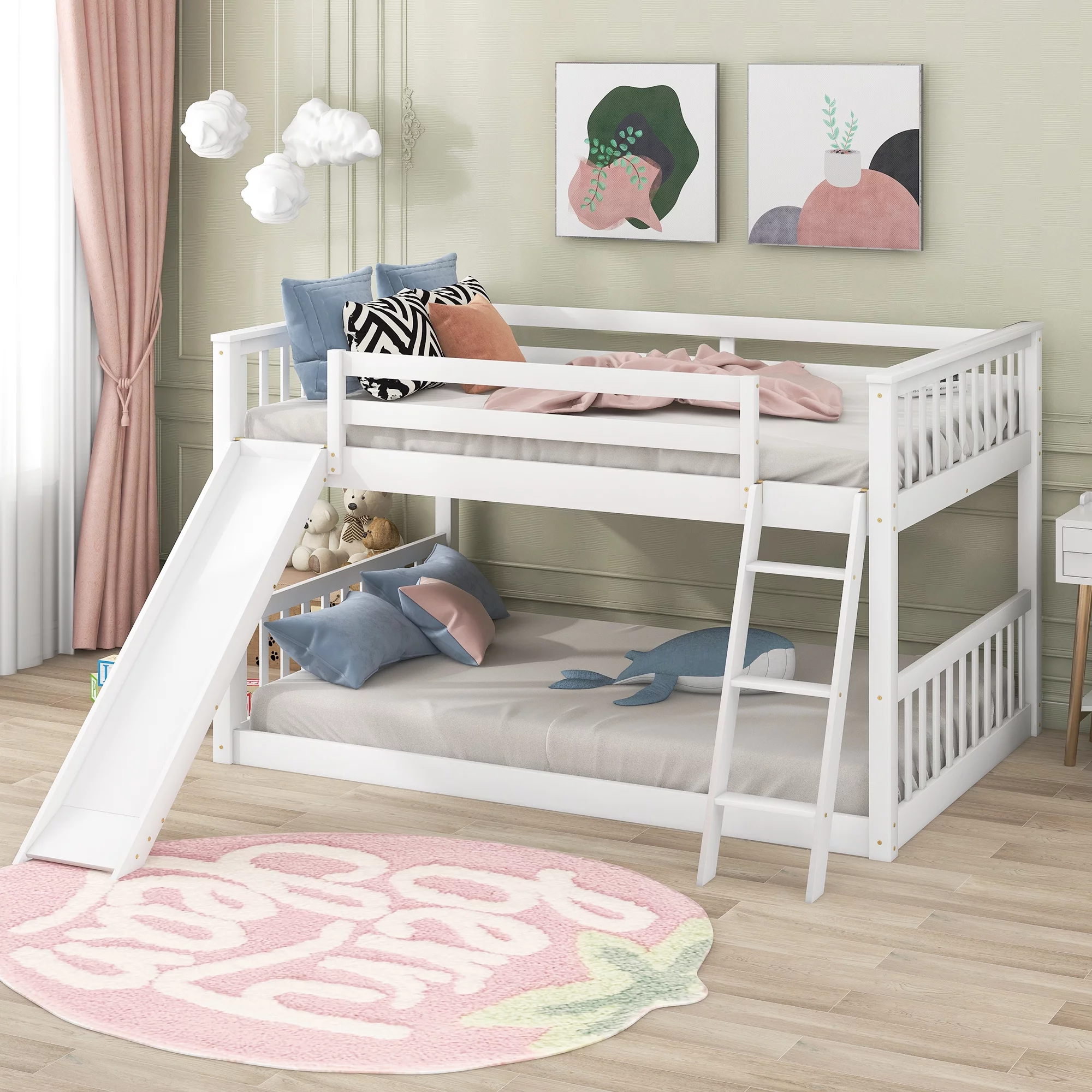 Hombay Low Full Over Full Bunk Bed with Convertible Slide and Ladder, Wood Slat Bed Frame for Child Kids