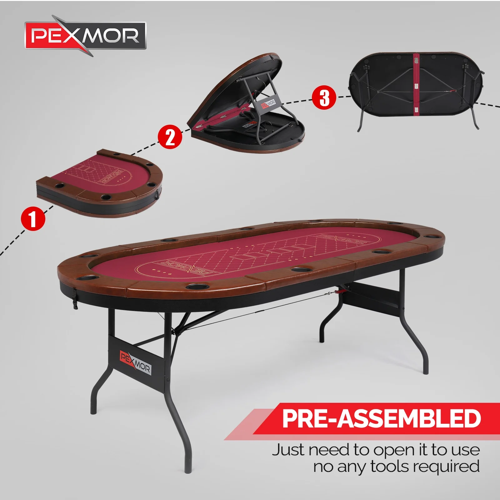 PEXMOR Foldable 10 Player Poker Table, Folding Casino Table Texas Holdem Poker Table, Portable Blackjack Card Game Table w/Stainless Steel Cup Holders & Padded Rails