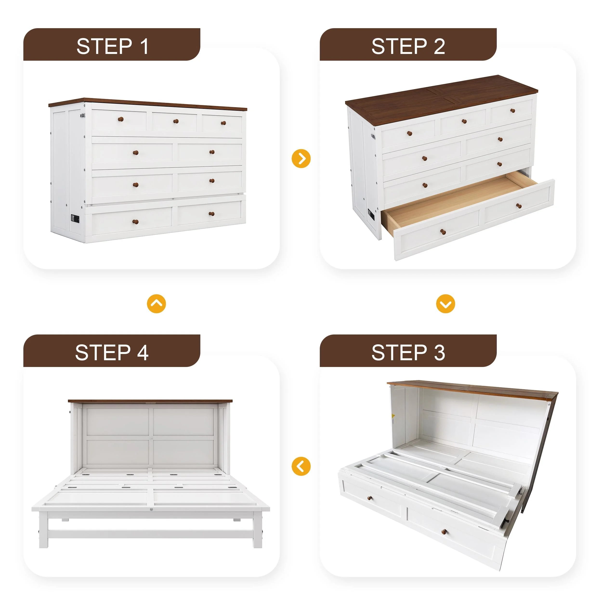 Bellemave Murphy Bed Full with Storage Drawer, Solid Wood Full Size Murphy Bed Cabinet with Charging Station, Easy Fold Modern Murphy Beds for Guest Room Home Office (White+Walnut)