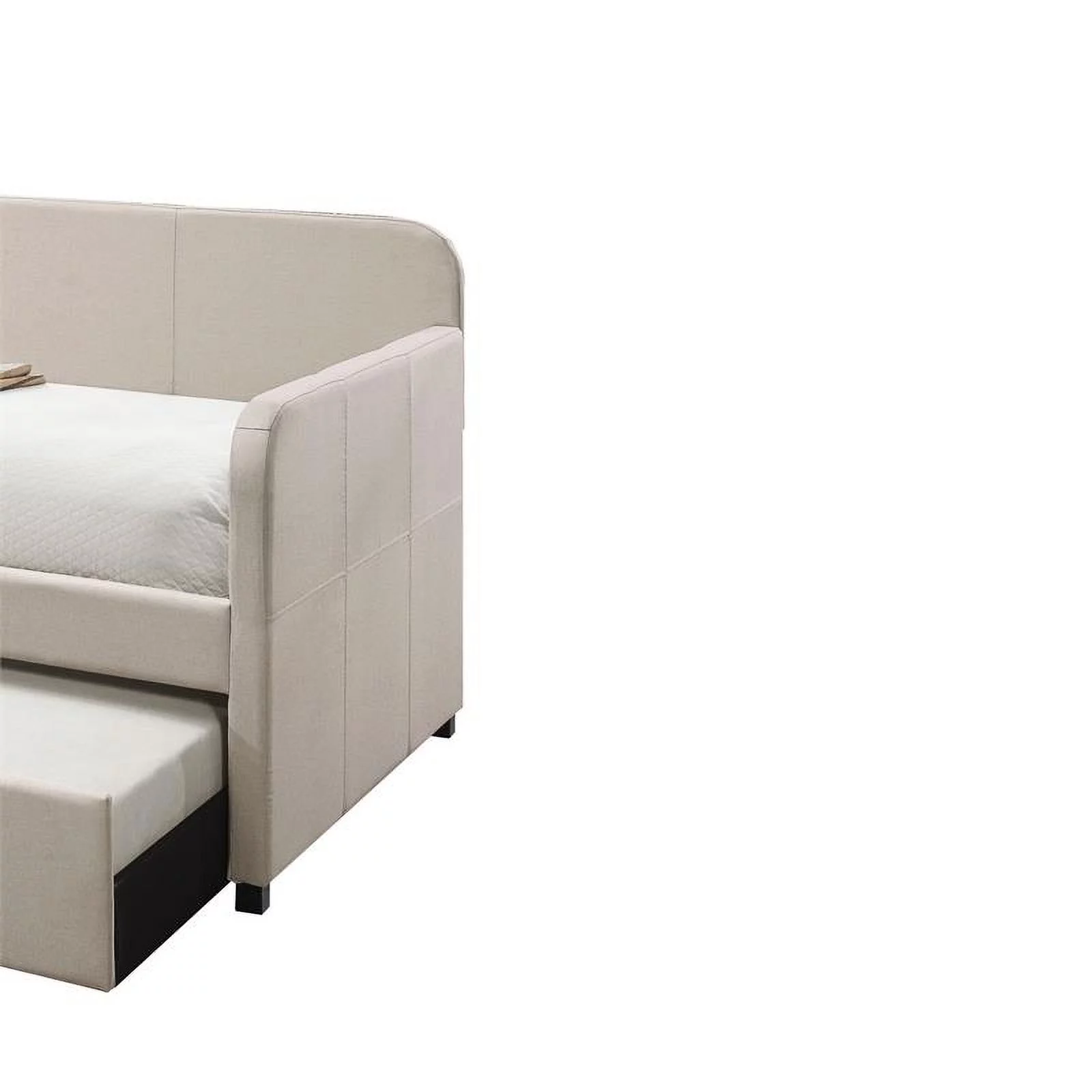 Fabric Upholstered Wooden Day Bed with Trundle and Panel Back in Beige