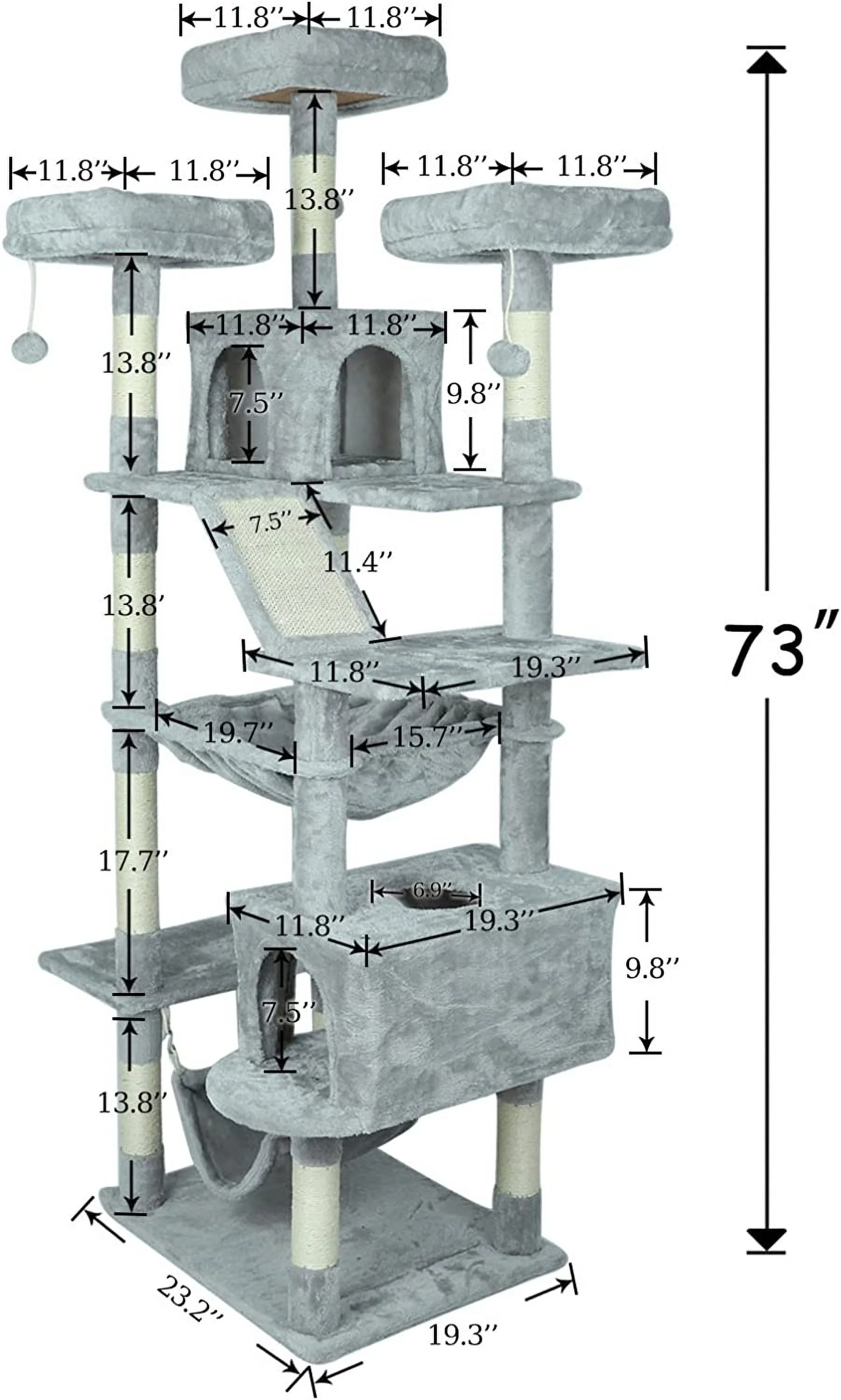 73 inches XXL Cat Tree Multi-Level Cat Tower Cat Furniture for Large Cats with Scratching Posts,Padded Plush Perch, Cozy Basket and Hammock